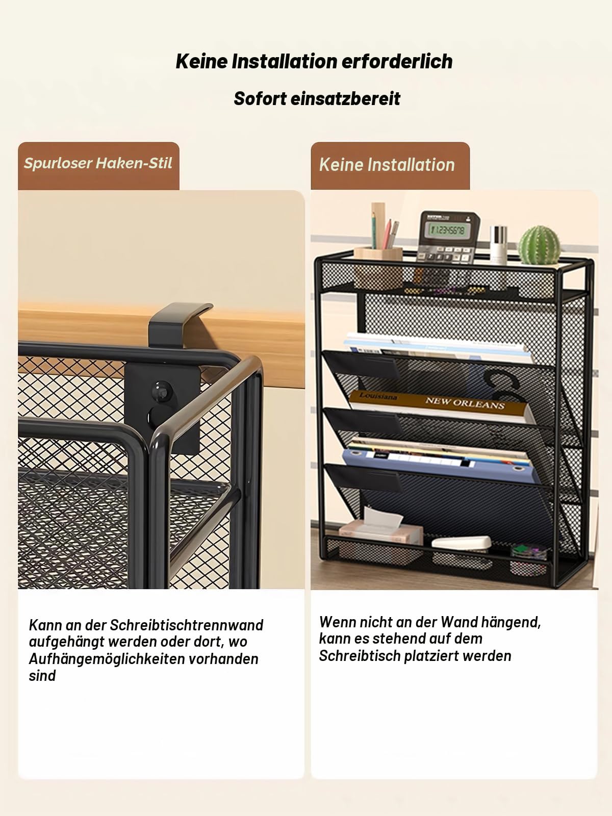 5-stöckiger Netz-Wandordner, 3 Taschen, vertikale Halterung, Hänge-Organizer mit oberer / unterer Ablage | 2 Haken | Wandhalterung und Türaufhängung für Büro Zuhause