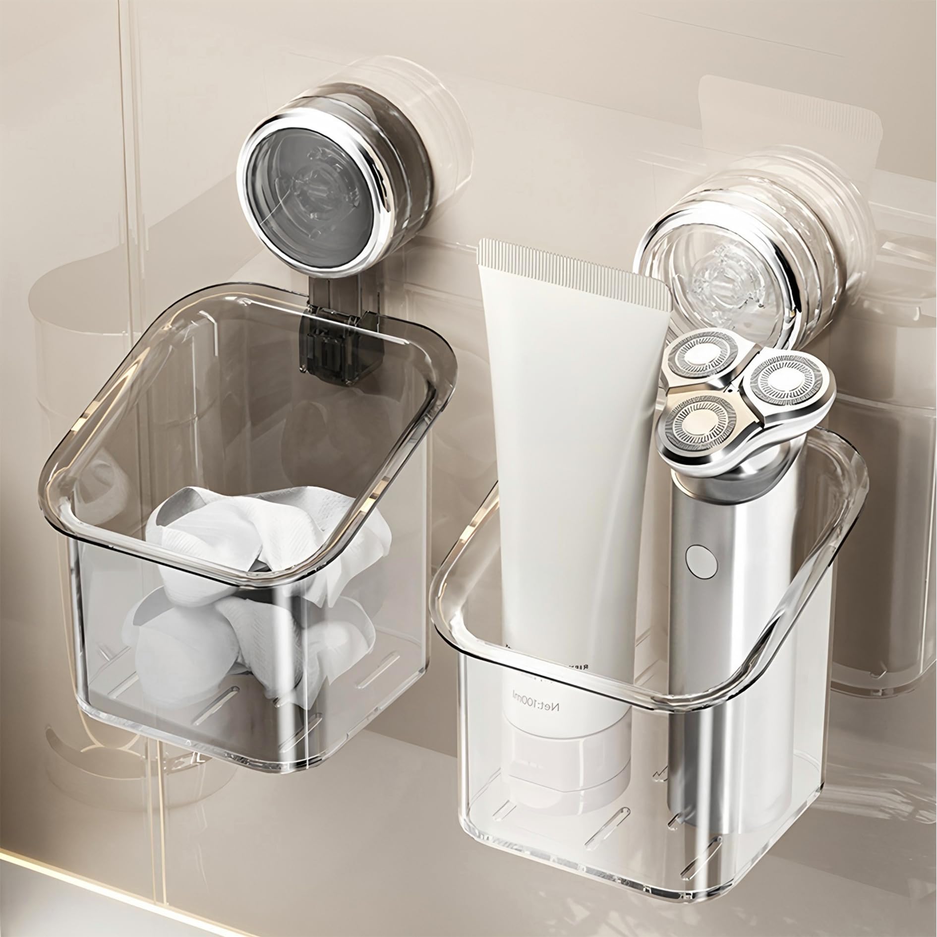 No-Drill Shower Caddy Transparent Suction Cup Bathroom Organizer for Toothbrush Razor Beauty Tools Strong Adhesive Wall Mount Shelf