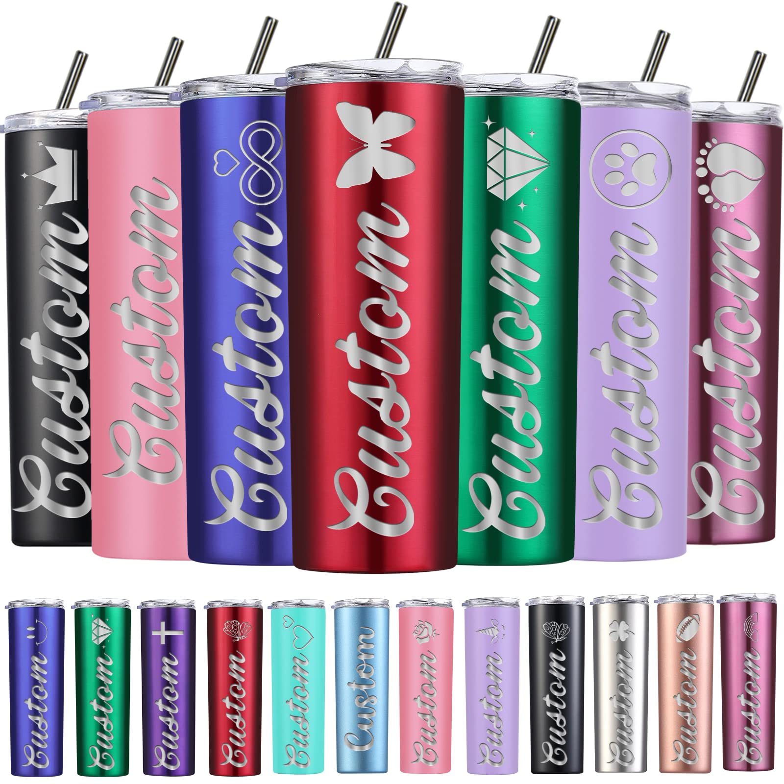 Personalized Skinny Tumblers with Lids and Straws, Custom Laser Engraved Stainless Steel Skinny Tumbler, Customized Tumblers with name-20oz, Personalized Gift for Women Men Christmas Anniversary