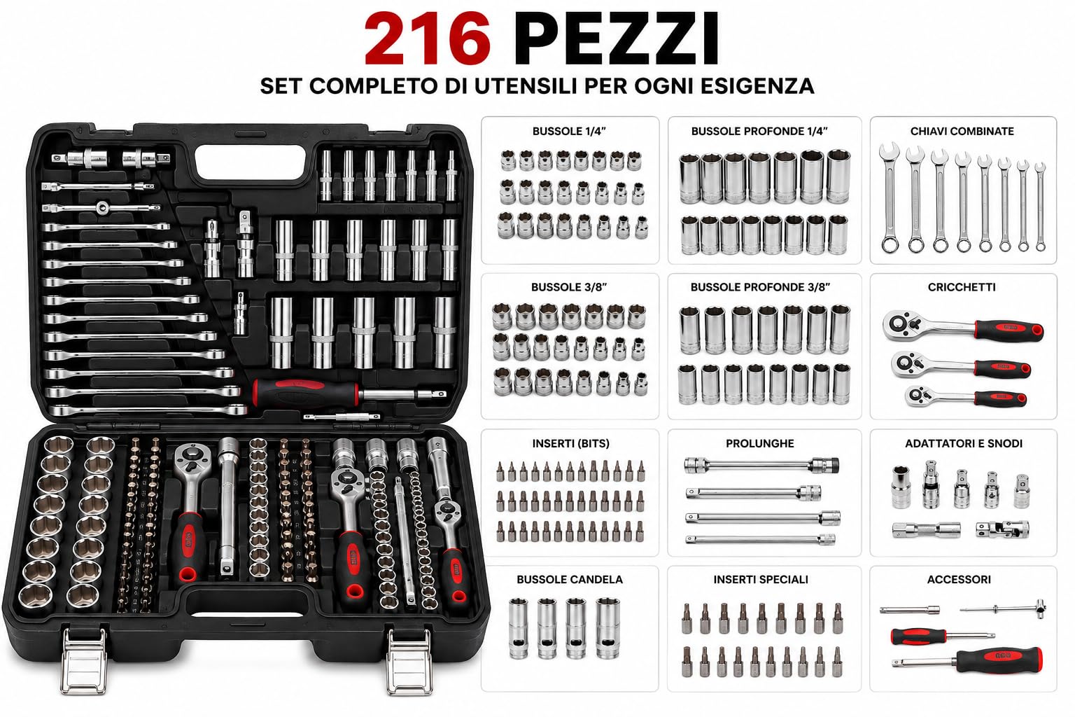 A.M.C. Coffret à outils 216 pièces – Kit de clés à douille, cliquet, douilles, embouts et clés mixtes – Mallette professionnelle complète pour voiture, moto, vélo et bricolage