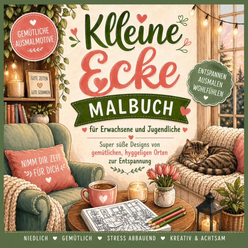 Kleines Eckmalbuch für Erwachsene und Jugendliche: Entspannendes Ausmalbuch für Erwachsene & Teens – süße, gemütliche Hygge-Räume zum Stressabbau und Abschalten