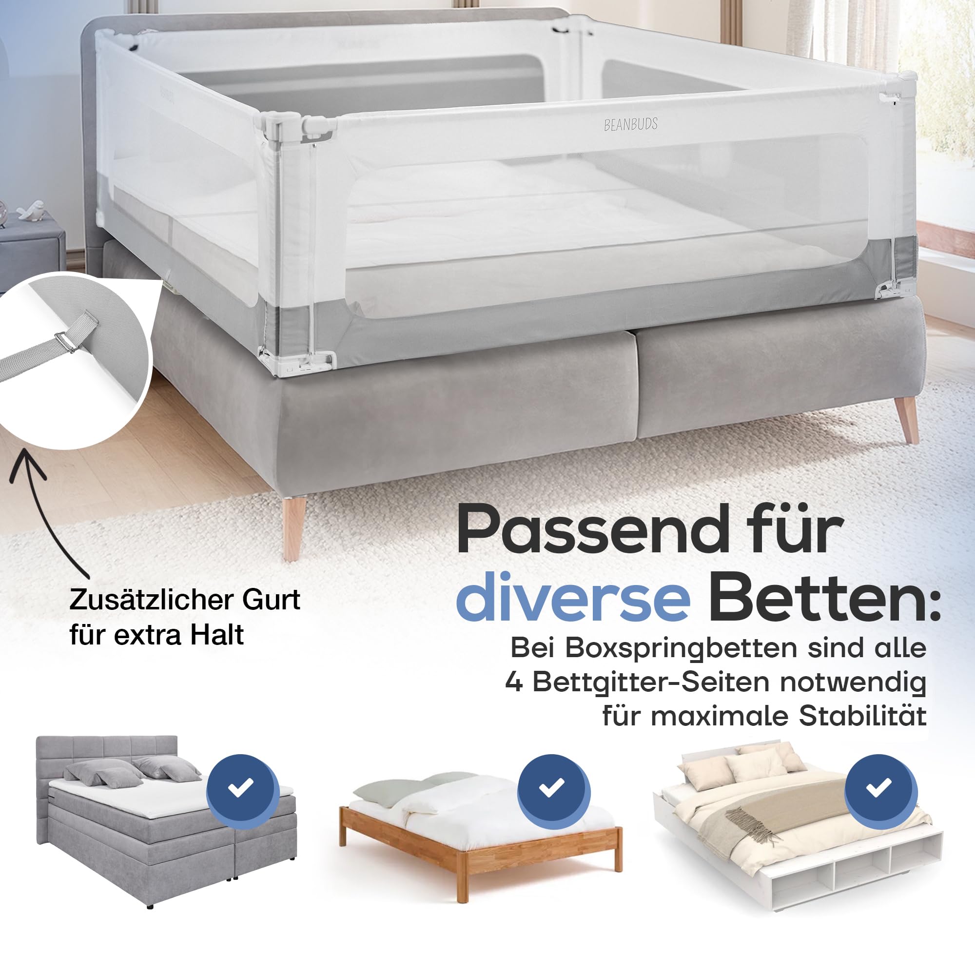 BEANBUDS® Bettgitter Rausfallschutz 200cm [1 Seite], Grau | Bettschutzgitter Lattenrost & Boxspringbett, Baby Gitterschutz Elternbett & Kinderbett, inkl. extra Gurt, Bett Fallschutz