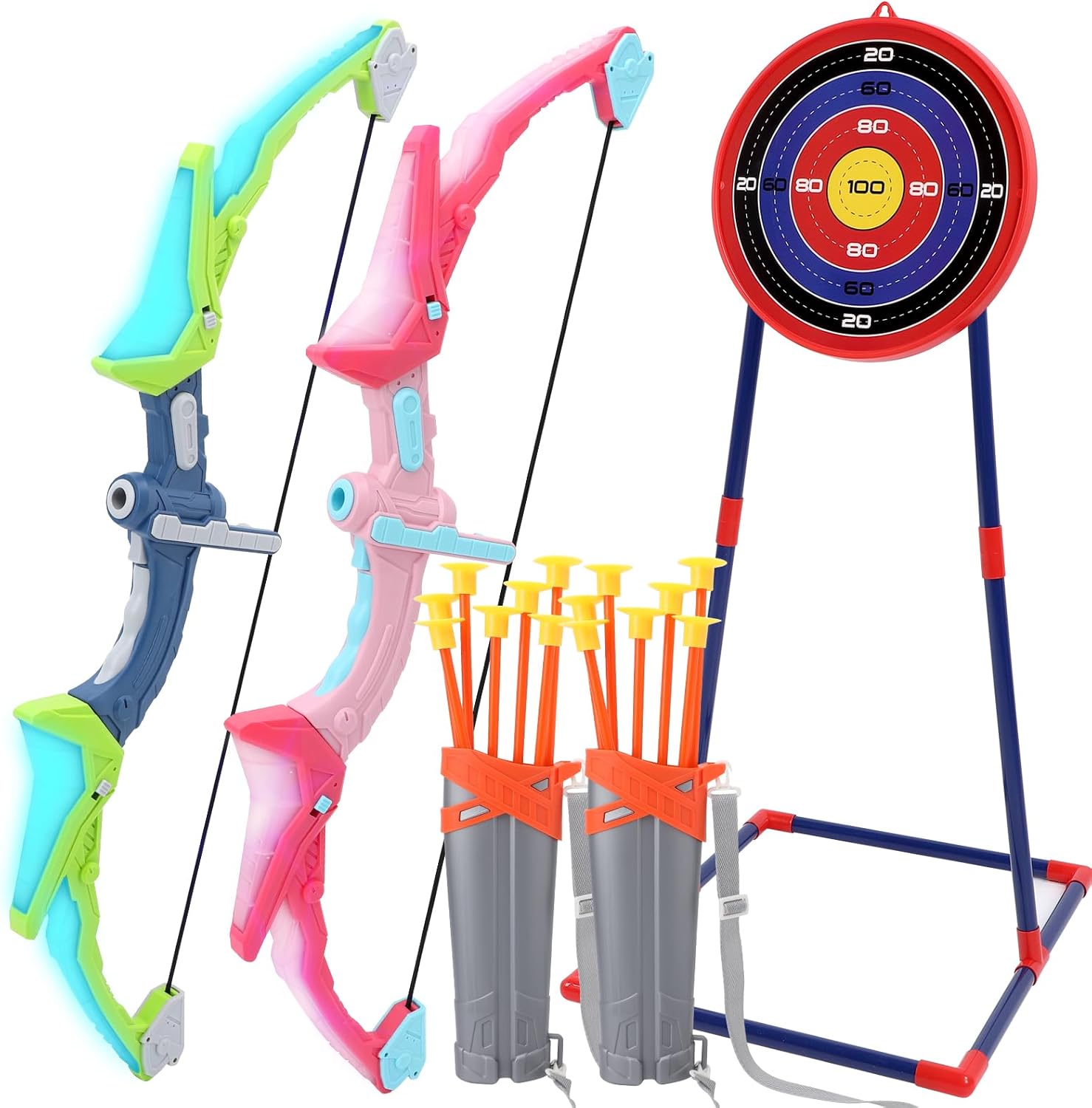 2 Pack Bow and Arrow Set with LED Light Up Arrows and Target