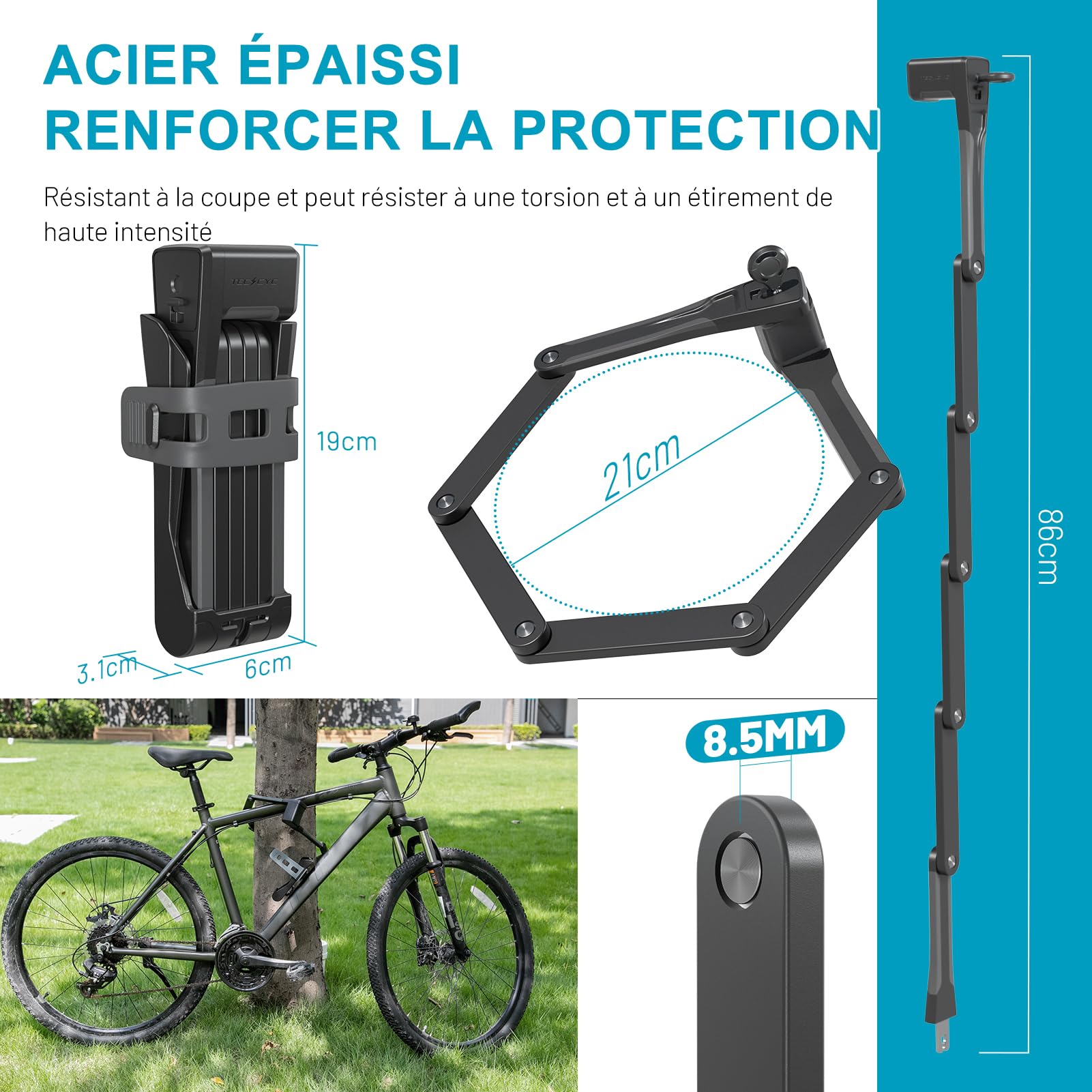 TECHCYC Antivol Vélo Pliable, Serrure de vélo Pliante Portable en Acier Trempé, Antirouille et Antivol, Antivol de vélo Haute sécurité avec Support et 3 Clés pour Bicyclette, Scooters, Moto (86cm)