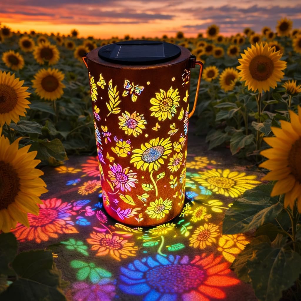 Colorful Sunflower Glow Solar Garden Lantern, Outdoor Waterproof Decorative Hanging Solar Lights, Metal Solar Powered Garden Decor for Patio, Yard, Outdoor Decoration (A,2pcs)