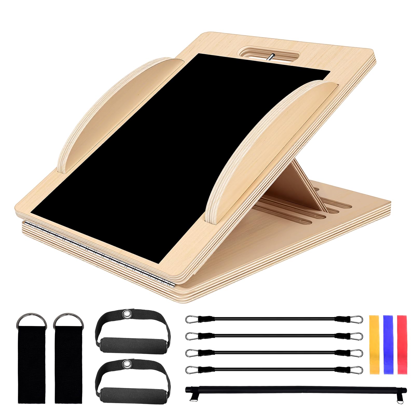 Slant Board & Balance Board Foldable 3-in-1 Pilates Kit Beginner Home Workout Set with Resistance Bands & Bar for Calf Stretching,Foot Ankle Physical Therapy,Full-Body Workout Fitness,Core Equipment.