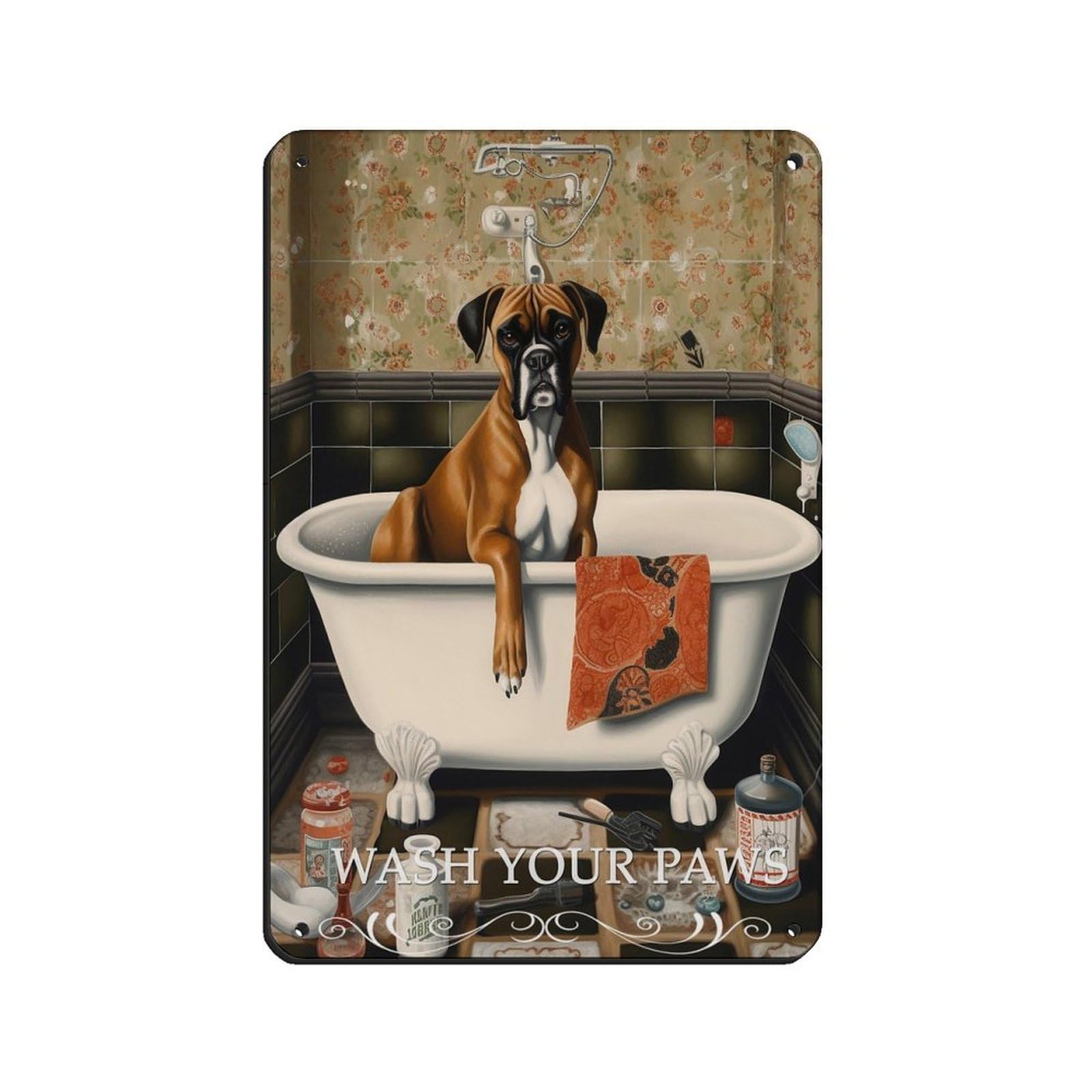 Boxer in Bath Print Fun Bathroom Art Dog Lover Gift Tin Sign Vintage Metal Pub Club Cafe Bar Home Wall Art Decoration Poster Retro 8x12inch(20x30cm)