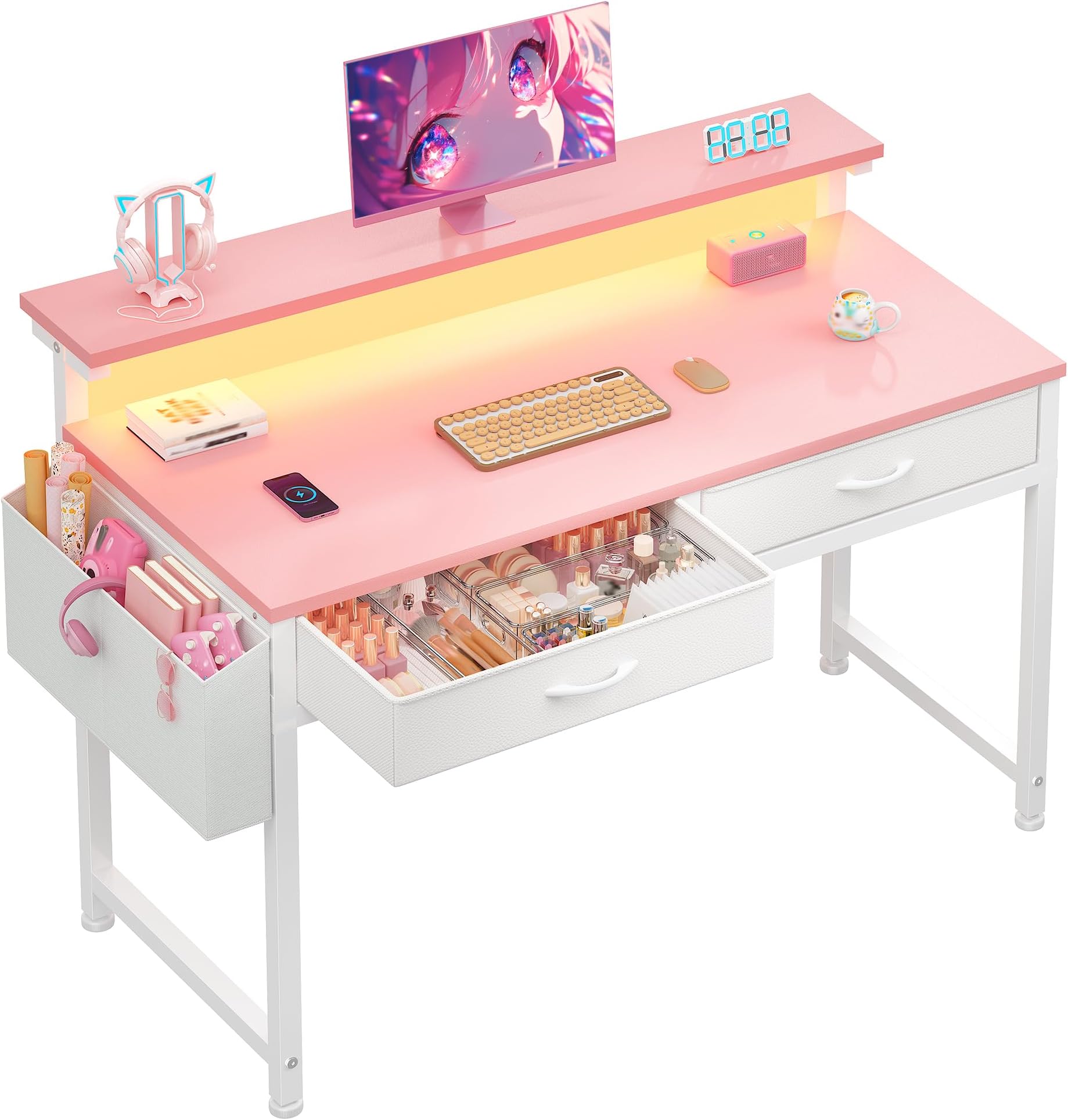 DurayLoly 31Inch Small Computer Desk with LED Lights & 2 Fabric Drawers, Gaming Desk with Side Pocket & Ergonomic Monitor Stand, Small Space Study Writing Table with Anti-Tip Design,Pink