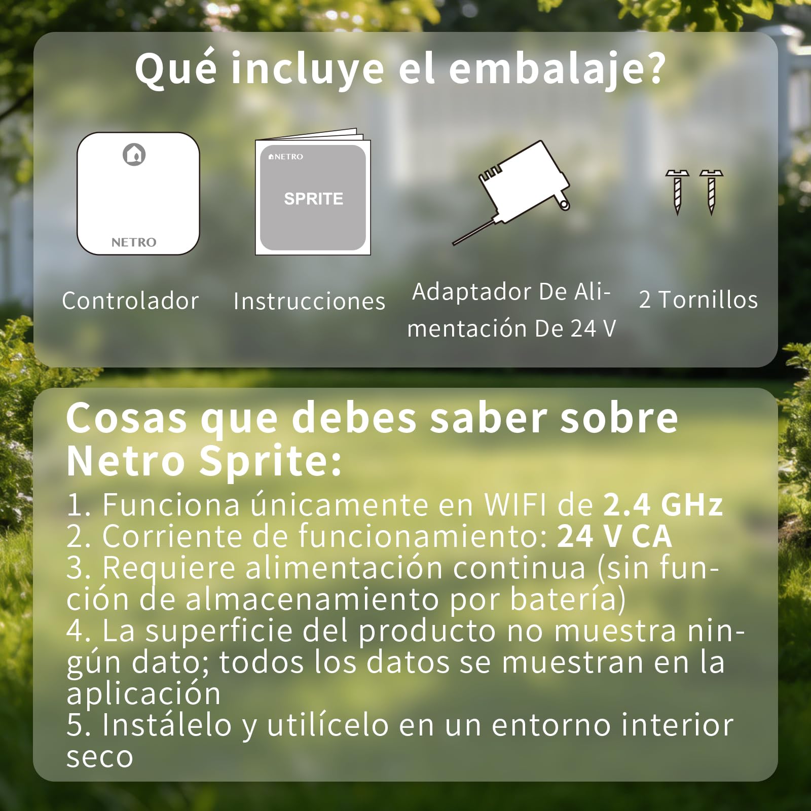 Netro Sprite 12 Zone Programador Riego WiFi Para Césped Con App, Con 24 CA | Serv Meteorol, Datos de Plantas,‌ Programa de Riego, Salto Lluvia, Riego Automático con Sensor Netro, Historial‌,Uso Interior