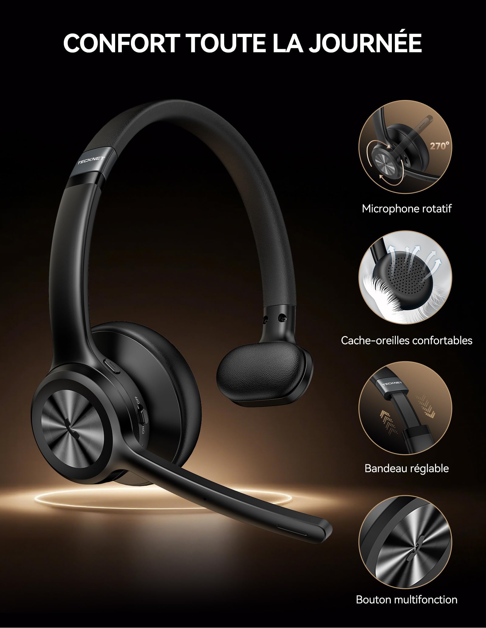 TECKNET Casque Bluetooth sans Fil avec Micro, Casque Audio sans Fil Technologie Bluetooth 5.2, Casque Micro, Casque Micro Bluetooth Wireless pour Ordinateur Portable, Skype, Centre d'appels, Bureau