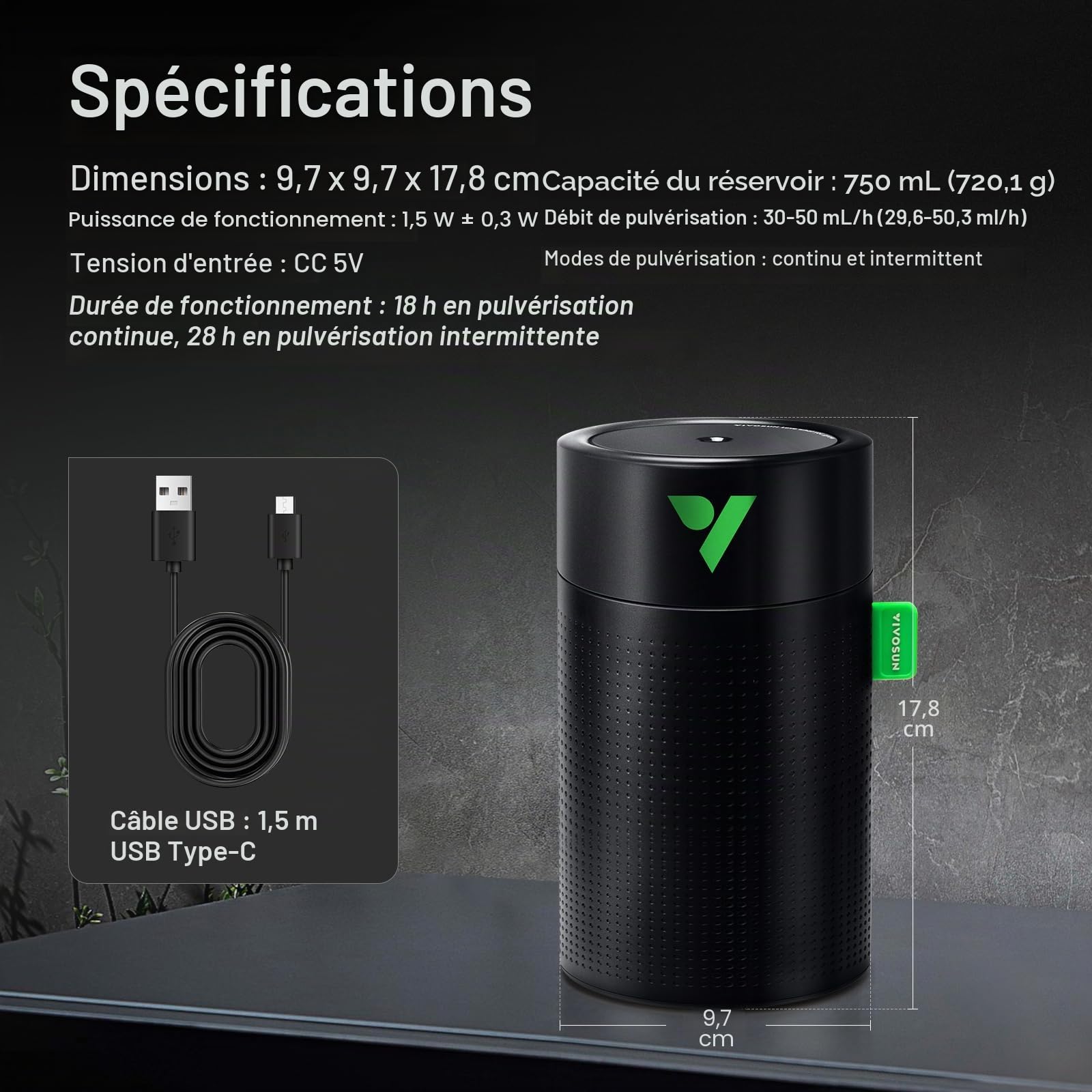 VIVOSUN AeroStream U075 Humidificateur USB, Humidificateur Mini à Brume Fraîche de 750 ml avec 2 Modes de Brume, Arrêt Automatique, Télécommande Intelligente, Conçu pour les Tentes de Culture/VGrow