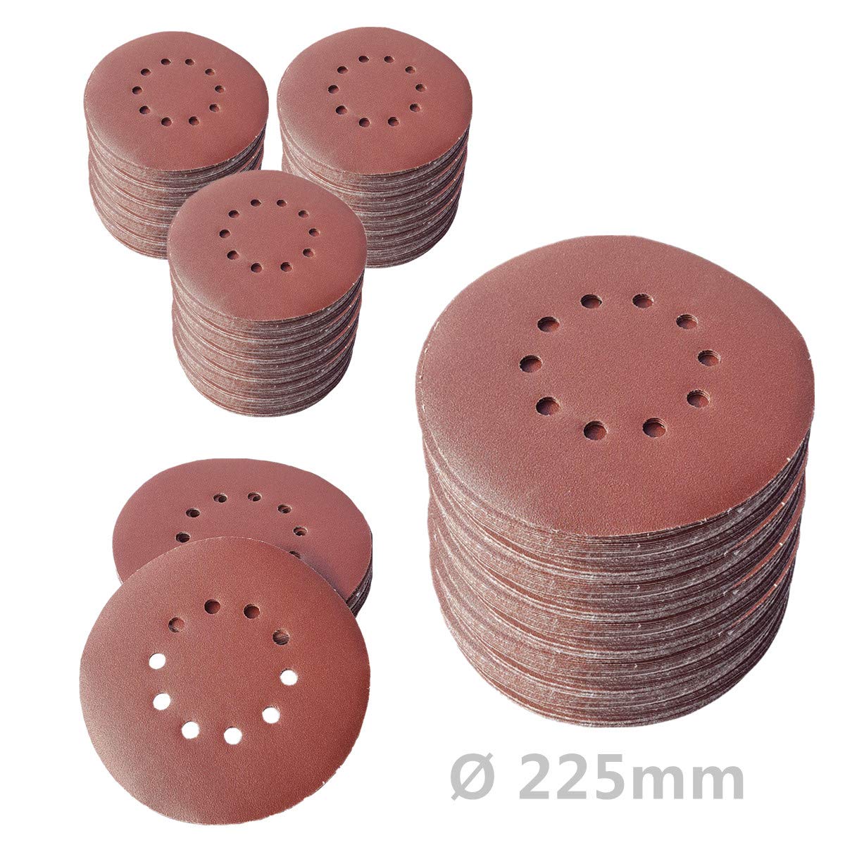 100 discos abrasivos de KLETT Ø 225 mm con 10 agujeros, grano P100, lijadora excéntrica