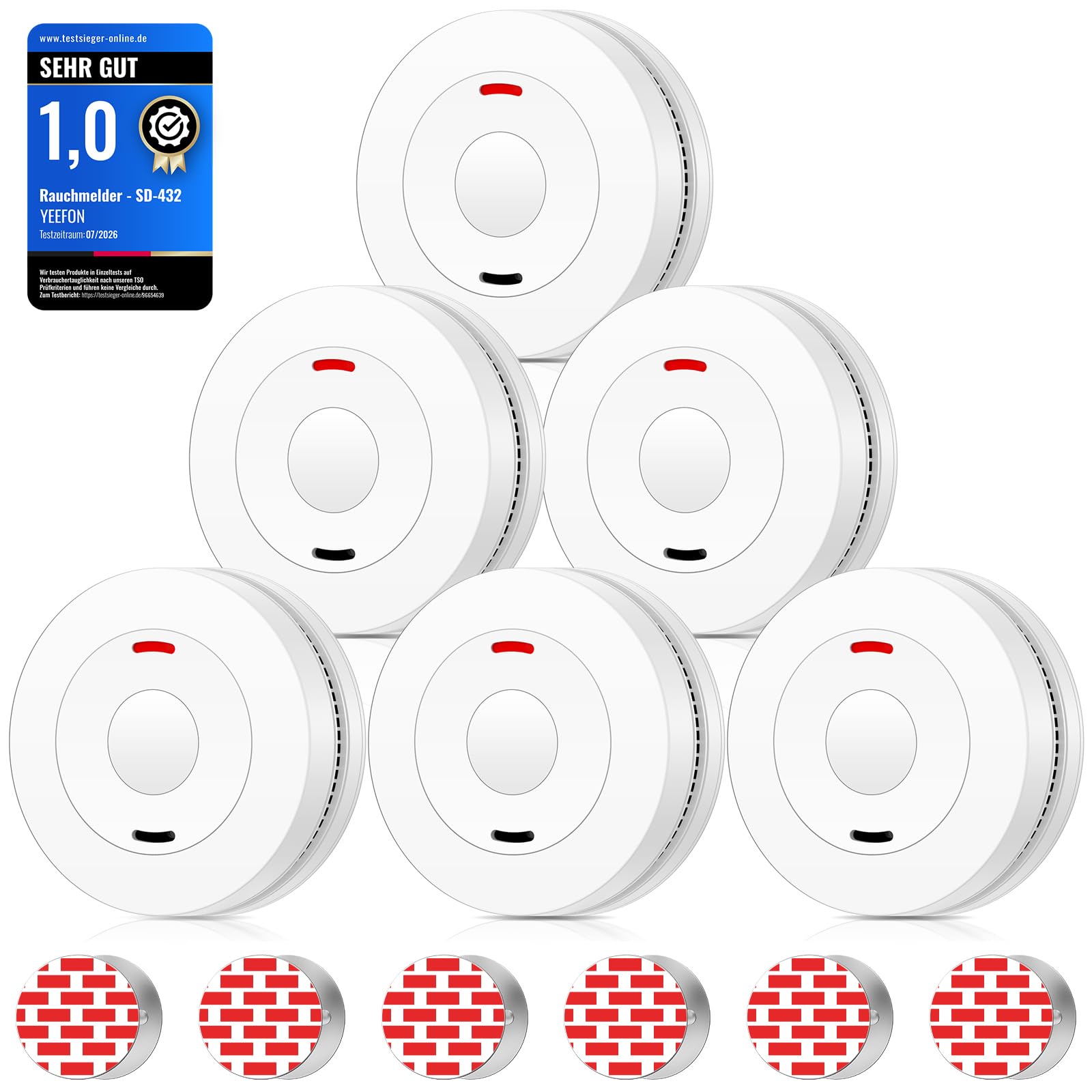 Rauchmelder, 10 Jahre Batterie, Feuermelder mit Starkere Magnethalterung, Stumm-Funktion, 85dB Alarm, Feueralarm mit Testknopf, EN 14604 Zertifiziert, Brandschutz für Zuhause, 6 Stück