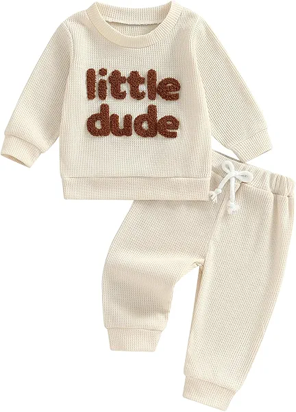 MERSARIPHY Toddler Baby Boy Clothes Waffle Knit Outfit Mama's Boy Little Dude Sweatshirt tops Pants Set Fall Winter Clothing