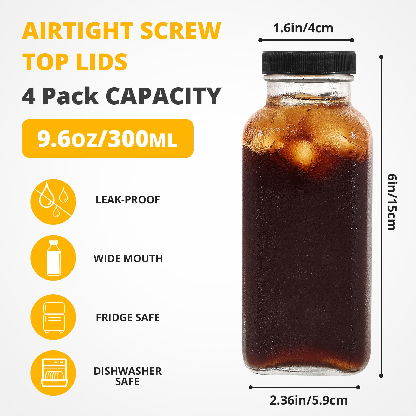 LIMILI Glass Bottles with Lids, 4pcs 300ml Reusable Wide Mouth Clear Glass Juice Bottles, for Milk Hot Cold Drinks - Image 2