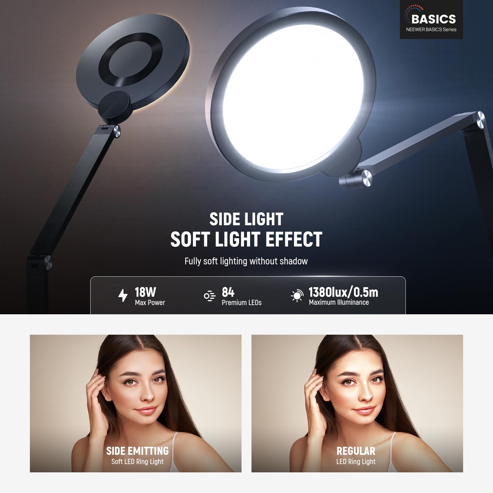 NEEWER Basics, luce ad anello da 18 W da 17,8 cm, con supporto da scrivania/morsetto a C, confezione da 2 pezzi, 3000 K-6500 K, dimmerabile, illuminazione a LED circolare per videoconferenze