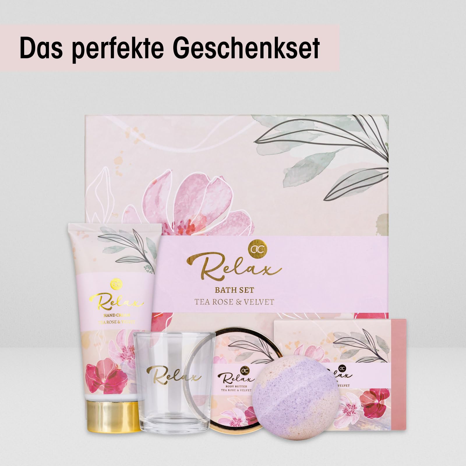 Accentra - Bath and treatment set RELAX gift box - Wellness gift kit 5 pcs for women - includes body butter, soap, hand cream, bath bomb and scented candle, scent: Tea Rose & Velvet — view 4
