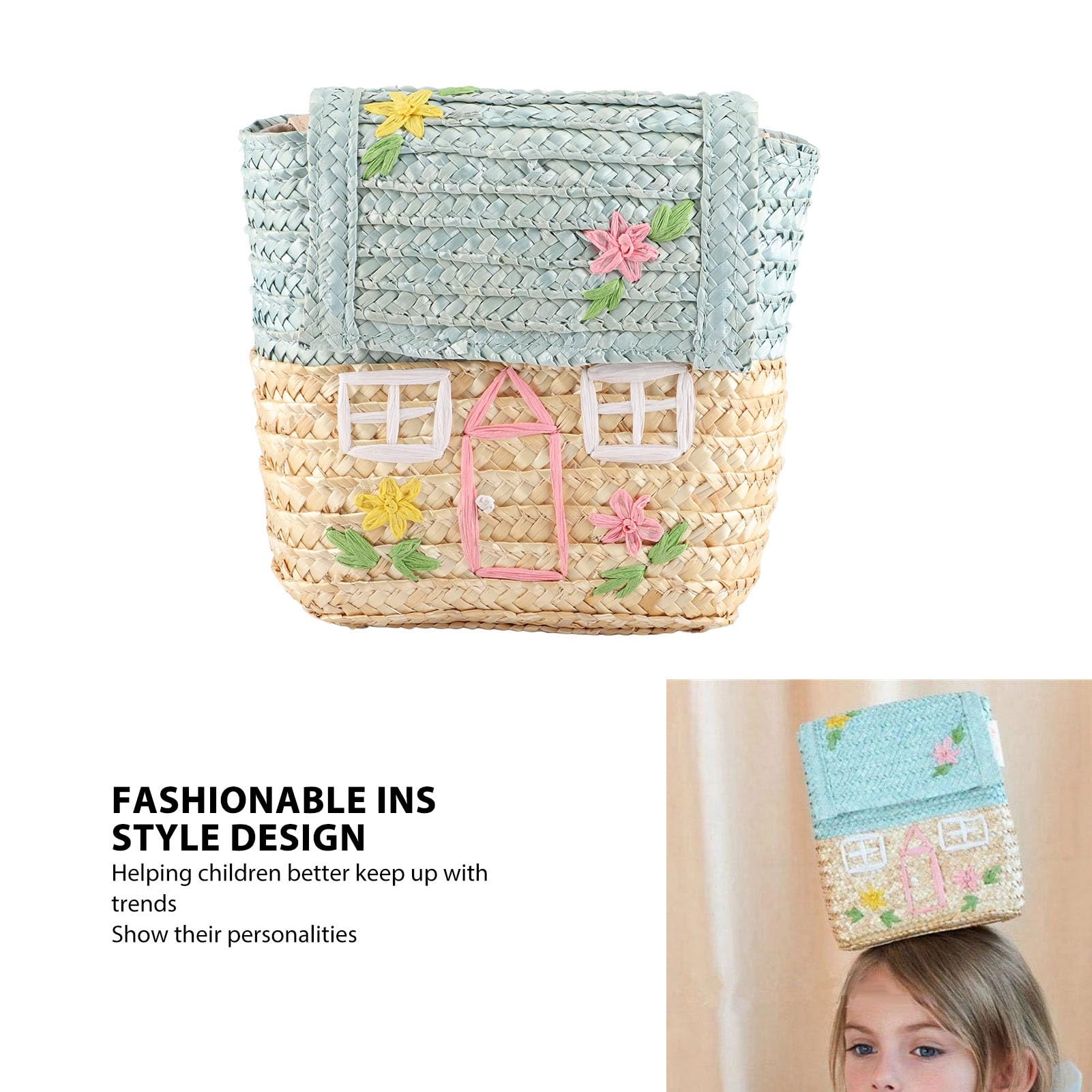 lvifloae Children s Knitting Bag Straw Handbags Kids Children Straw Bag Cute Little House Embroidery Photography Props for Holiday