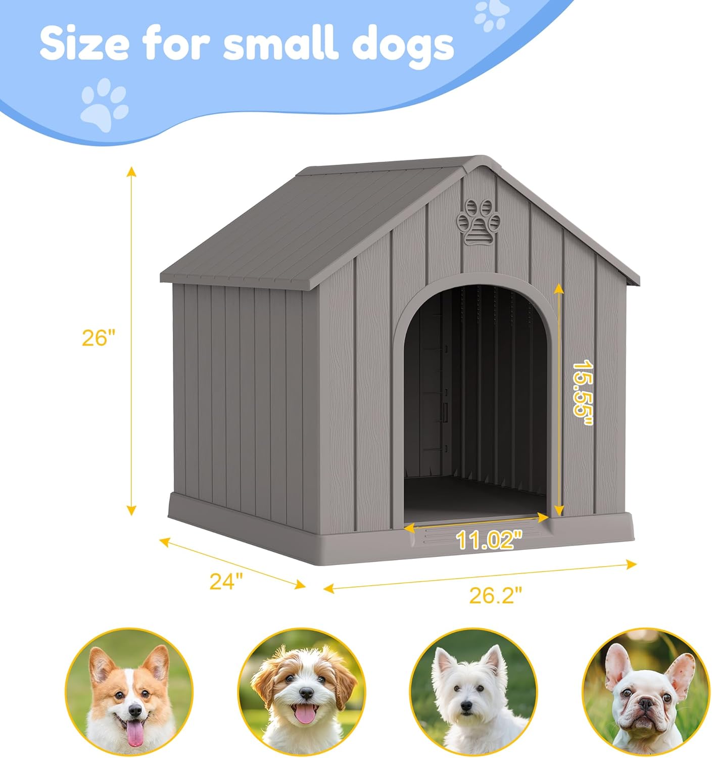 Fancyango Dog House Outdoor Indoor, Weatherproof Dog House with Elevated Floor and Air Vents for Small to Medium Dogs,Easy Clean and Assemble (Grey, 26.18''L × 24.02''W × 25.98''H)