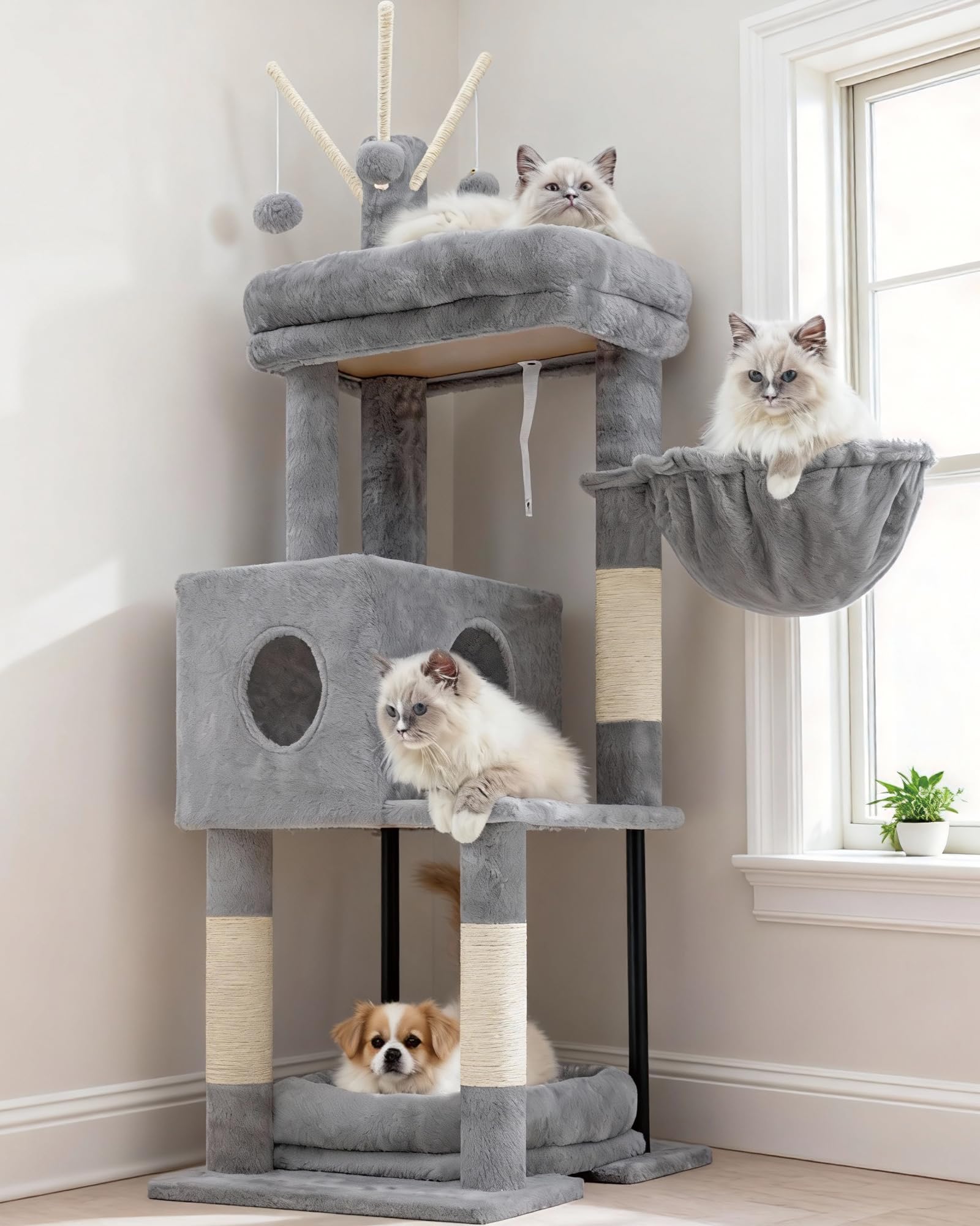 Heybly Árbol para Gatos de 115 cm, Torre para Gatos con Plataforma Grande, Cesta Colgante y Cueva, Postes Rascadores de Sisal, Pelotas Colgantes y Cojines Desmontables, Gris Claro HCT202SW