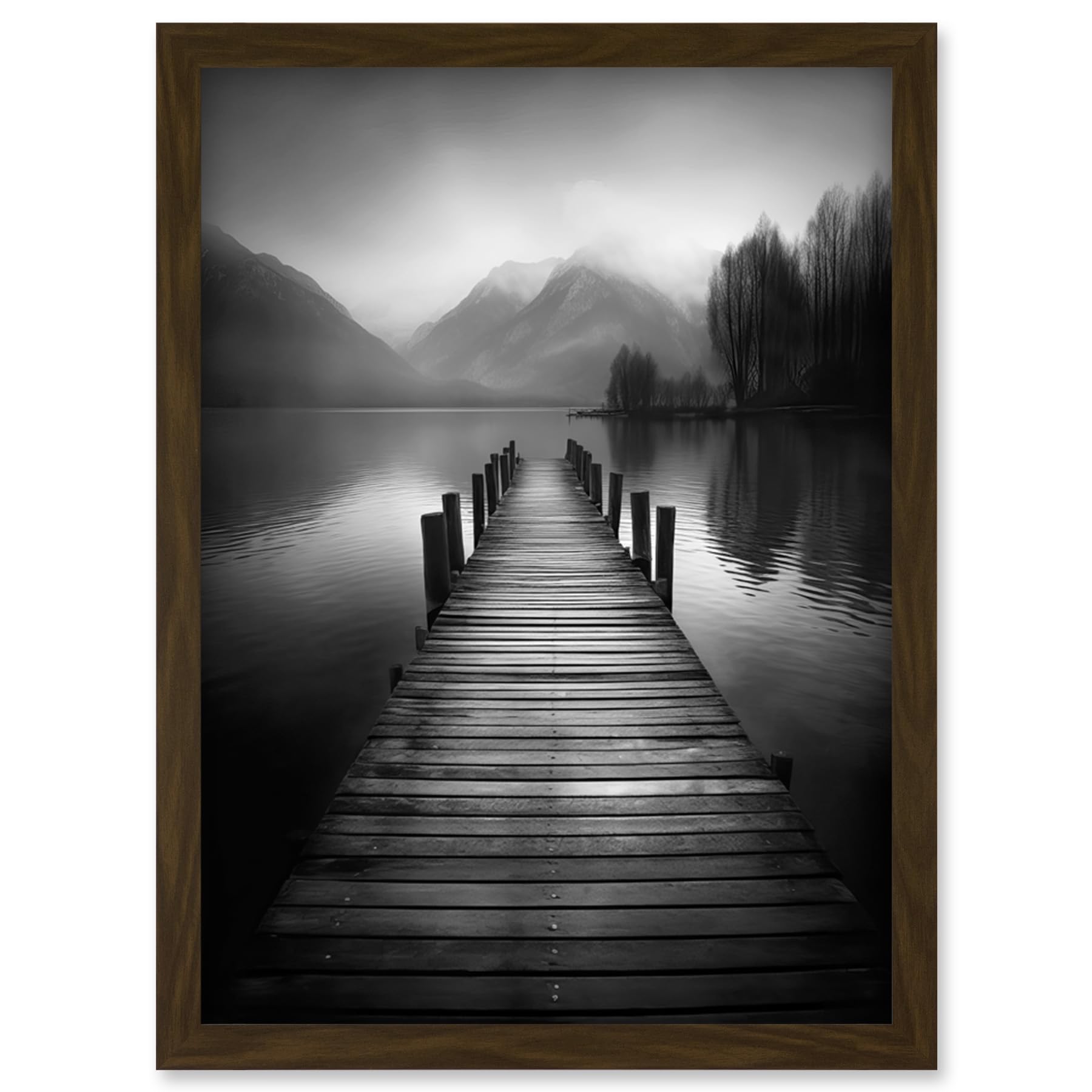 Artery8 Lake Pier Mountain Landscape Black and White Photo Artwork Framed Wall Art Print A4