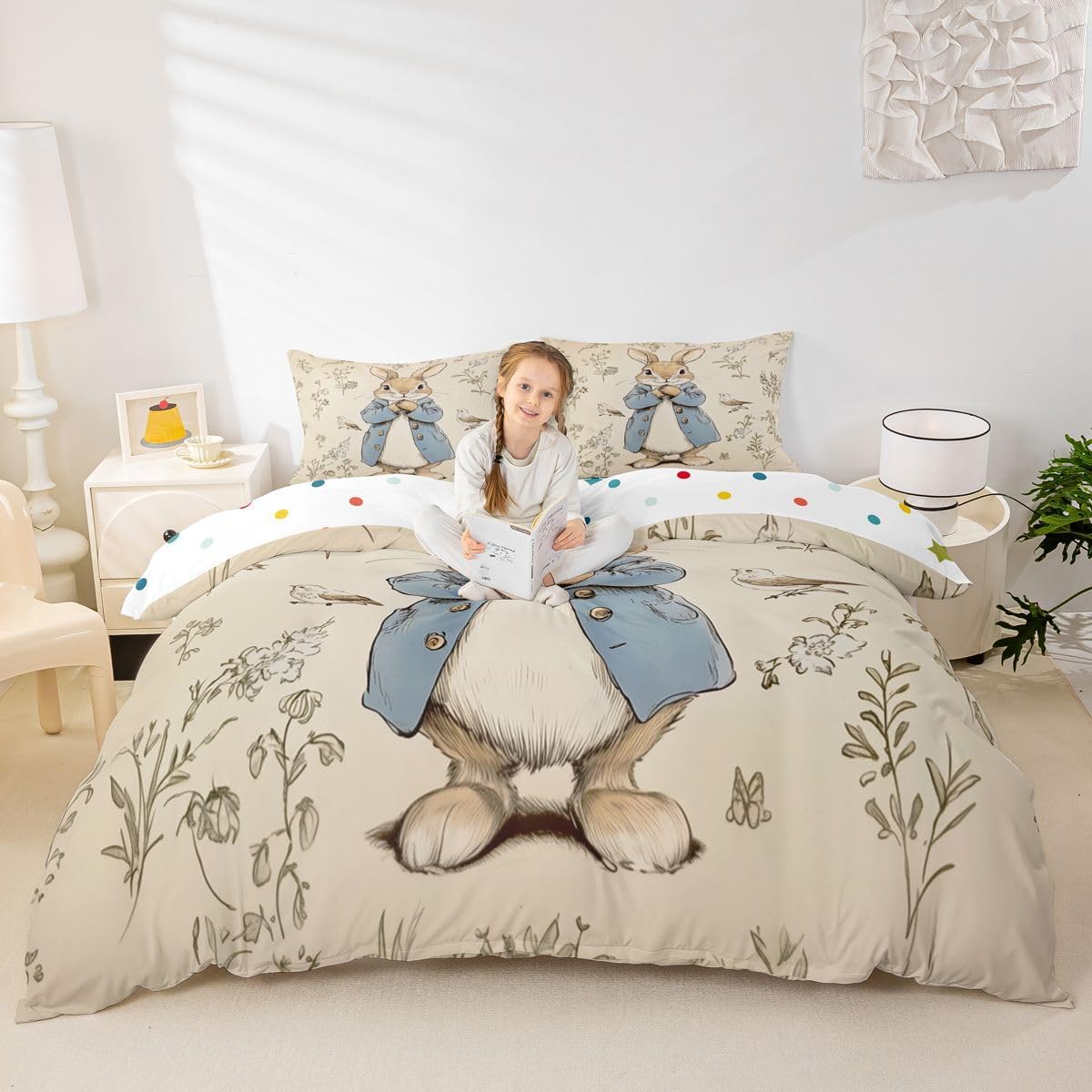 Manfei Happy Easter Bedding Set Cartoon Cute Rabbit Bird Duvet Cover King Size Kids Spring Plants Farmhouse Comforter Cover Beige Girls Boys Room Decor with 2 Pillowcases(No Comforter)