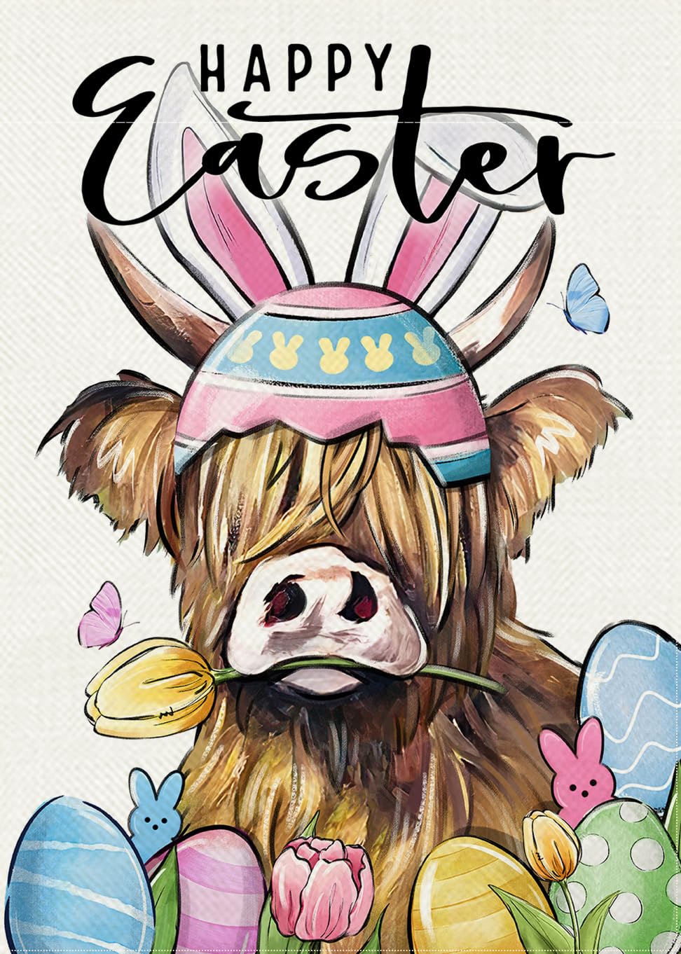 Covido Happy Easter Highland Cow Decorative Garden Flag, Cute Easter Eggs Peeps Farm Yard Outside Decorations, Spring Farmhouse Rustic Burlap Outdoor Small Home Decor Double Sided 12 x 18