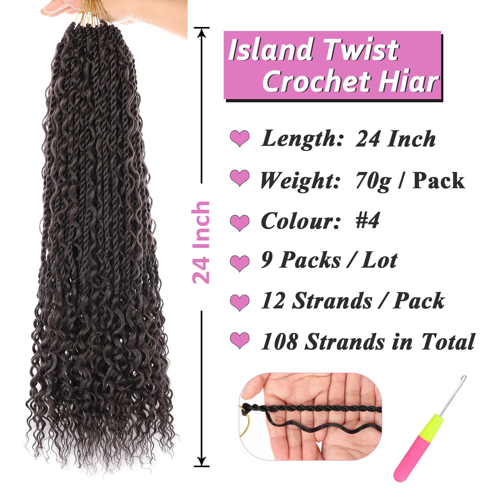 Samtress 24 Inch Senegalese Twist Crochet Hair with Curls 9 Pacsk Bohemian Pre-Looped Island Twist Crochet Braids Synthetic Dark Brown Goddess Boho Senegalese Braids for Women (#4) - Image 2