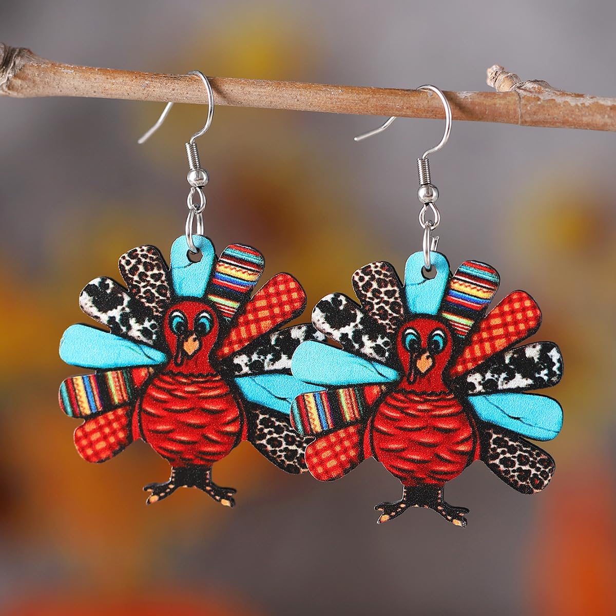 Handmade Double-sided Wooden Thanksgiving Pumpkin Turkey Dangle Earrings Cute Cartoon Autumn Turkey Chicken Pumpkin Maple Leaf Earring for Women Thanksgiving Day Party Festival Jewelry Gifts - Image 4