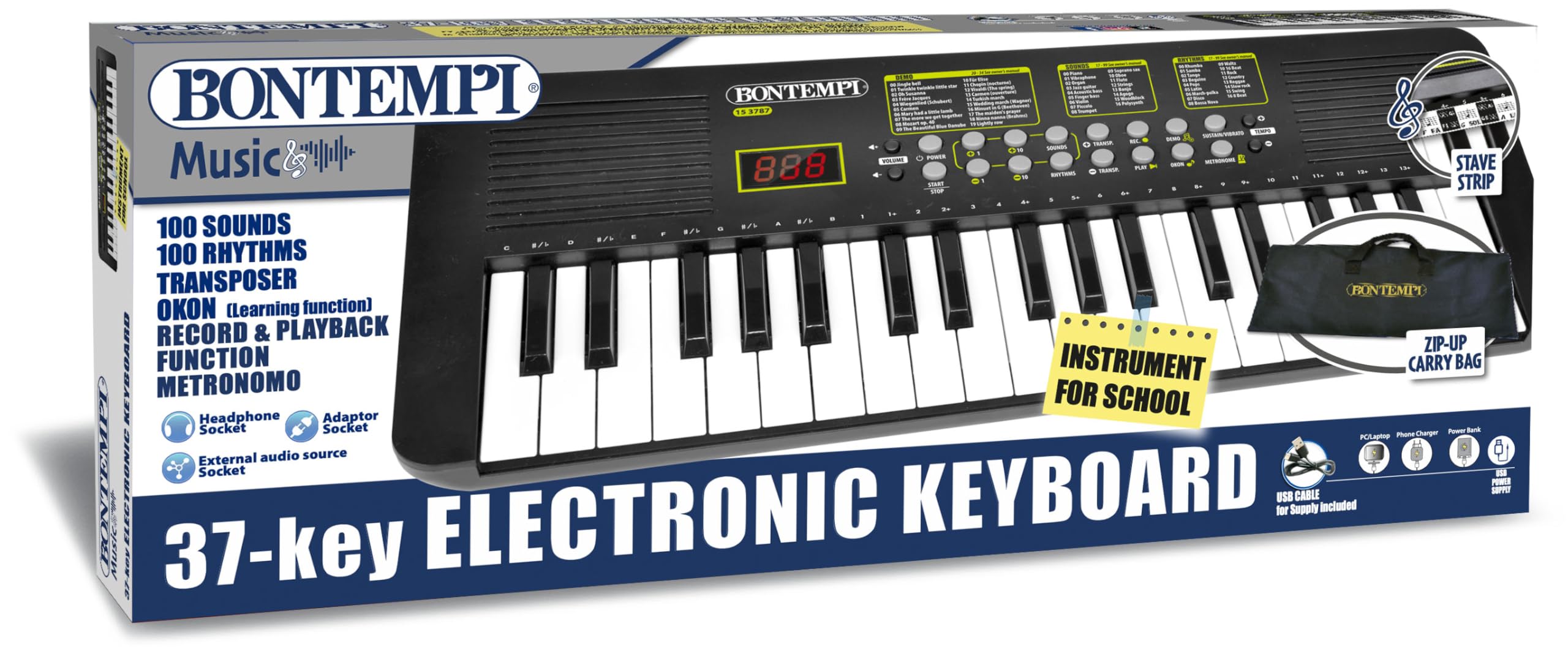 Bontempi KeyRhythm digitaal toetsenbord met 37 toetsen, 2 cm staplengte met hoofdtelefoonaansluiting, pentagracmat-strepen, metronoom en transposer, 54,4 x 18,4 x 5,4 cm
