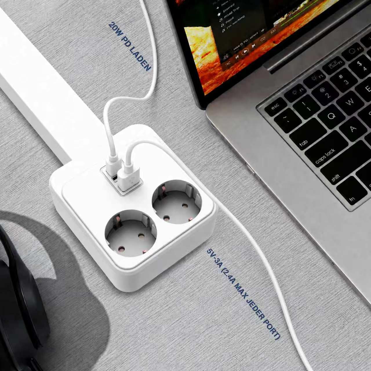 Multiprise Murale Extensible 56-86 cm, Adaptateur Prise 5 en 1 avec USB-C & 2 Prises AC, Tête Rotative 180°, Rallonge Prise Murale Plate pour Canapé, Lit, Bureau - Blanc