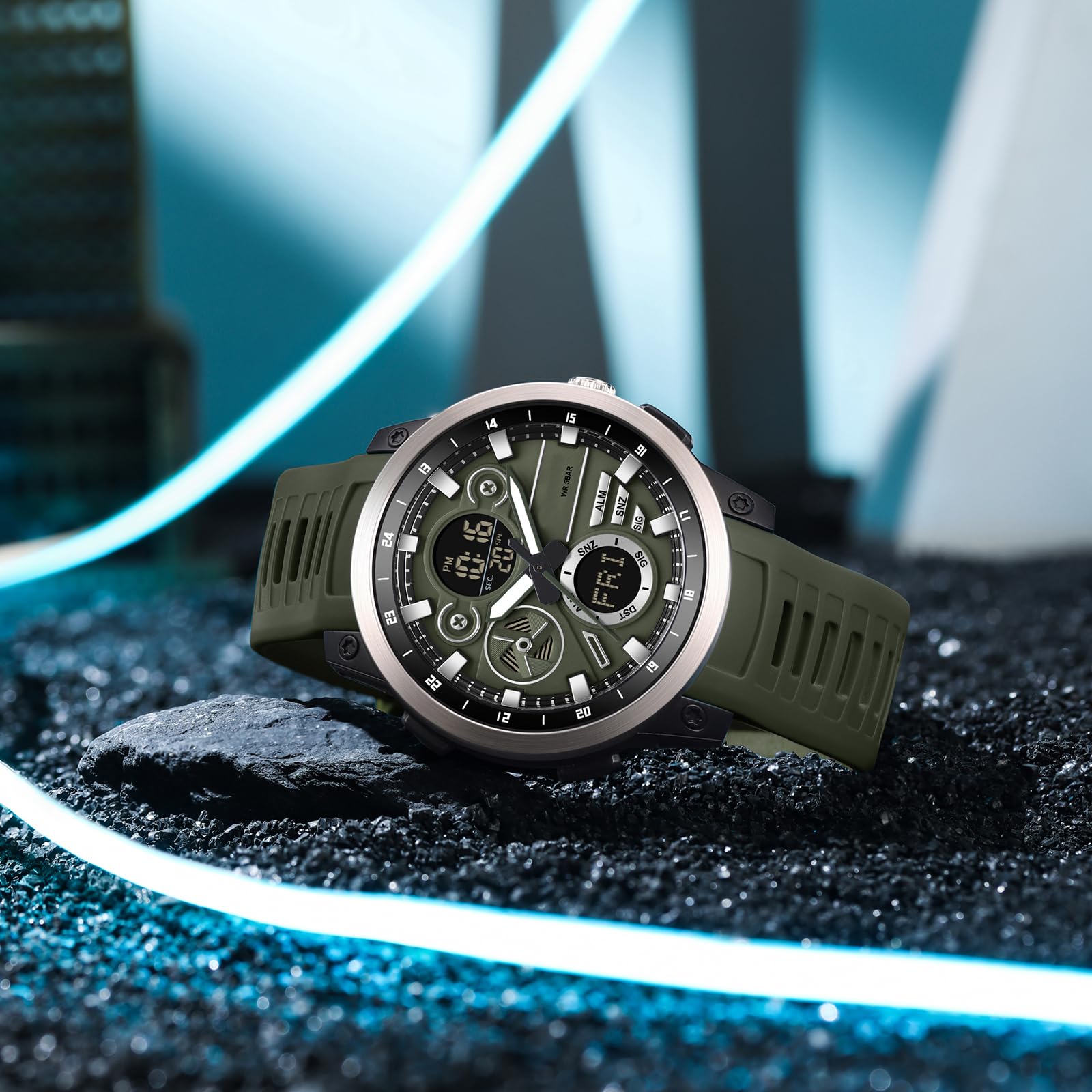findtime Montre numérique étanche pour homme avec double fuseau horaire, alarme, chronomètre, analogique et numérique, pour garçons et adolescents