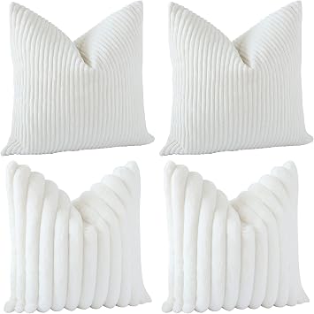 OTOSTAR Faux Fur Soft Striped Decorative Throw Pillow Covers 18x18 Inch Corduroy Pillow Cover Fuzzy Plush Cushion Case Square Velvet Pillowcases for Couch Sofa Bed Home Decor Set of 4 Beige White