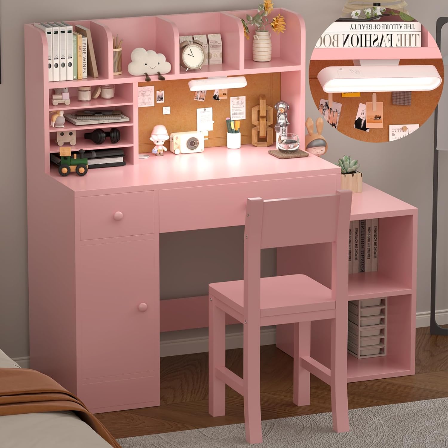 Wooden Pink Kids Study Desk and Chair Set with Light, 2 Drawers and 4 Storage Cabinets, Children Desk with 4 Open Hutch and Shelves, Girls Study Desk for Kids Bedroom-001