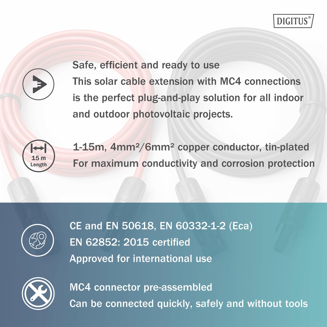 DIGITUS Juego de Cables solares de extensión – 2 Cables – 15 m – sección del Conductor de 6 mm² – Conector MC4 – IP65/68 – Resistente a los Rayos UV y a la Intemperie – Funda XLPO – 1x Rojo, 1x Negro
