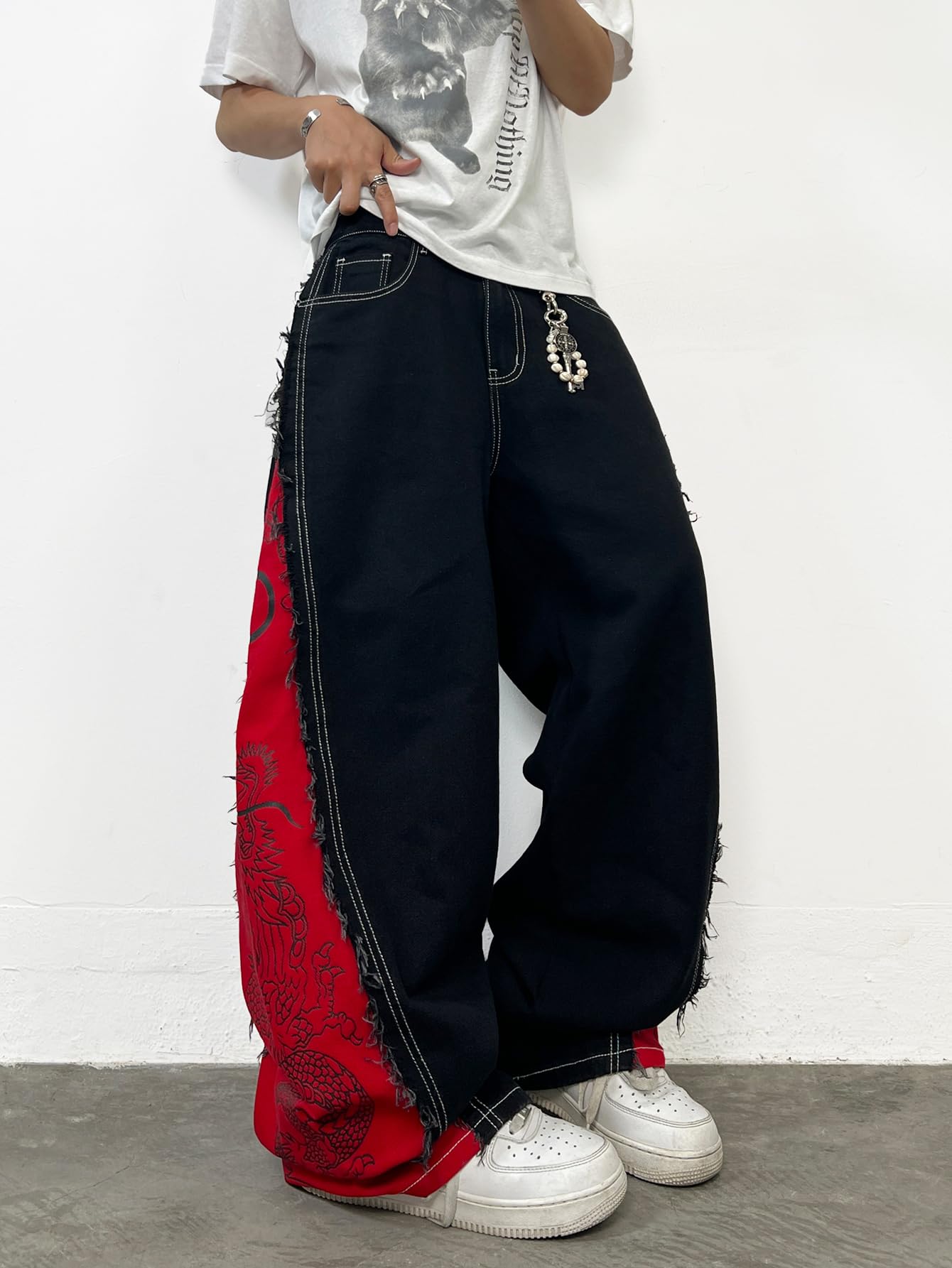 Jeans larghi da uomo a gamba larga nero rosso patchwork drago stampa denim pantaloni larghi pantaloni hip hop streetwear
