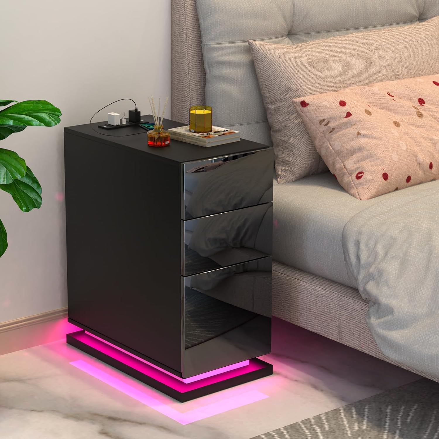 Comodino Sottile Con 3 Cassetti E Luci LED - Salvaspazio Con Prese USB