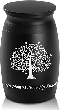 Urns for Mom Ashes, 2.8 High Small Funeral Cremation Urns, Handcrafted Black Memorial Keepsake Urn, Engraved My Mom My Herol My Angel & Tree of Life Decorative Urn for Sharing