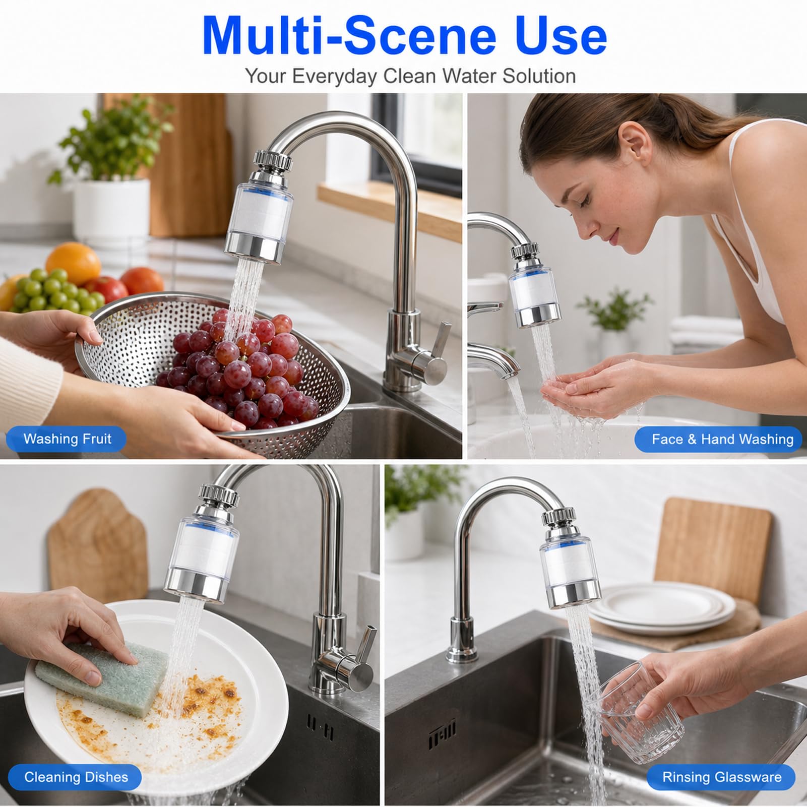 2 Piezas Filtros de Agua Para Grifo, ABS Filtro de Agua Rotativo a 360 Grados, Filtro de Agua para Grifo con Filtración de Carbón Para Metales Pesados, con 10 Cartuchos Filtrantes Intercambiables