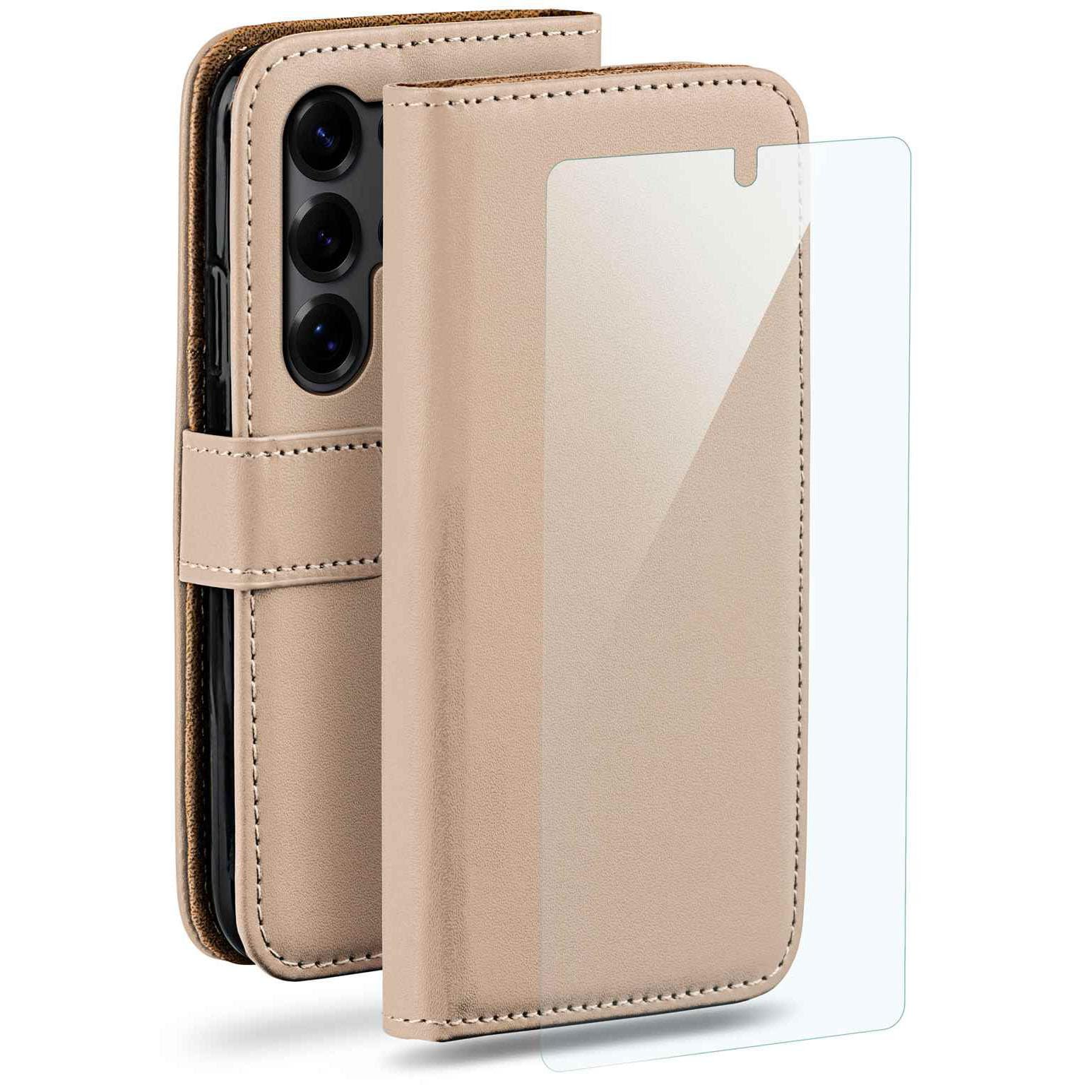 moex Set 4 in 1 per Samsung Galaxy S25 Ultra con 3 pellicole protettive, scomparto per carte di credito, custodia a libro e pellicola FlexProtect, protezione completa a 360°, tortora