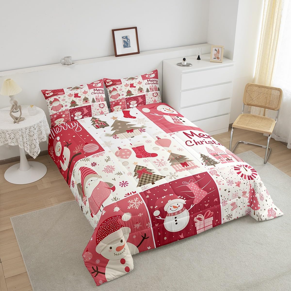 Christmas Tree Comforter Set Queen Size,Merry Christmas Bedding Set for Kids Boys Girls Room Decor,Snowman Christmas Tree Snowflake Duvet Insert 3Pcs,Cartoon Plaid Patchwork Quilt Set,2 Pillowcases