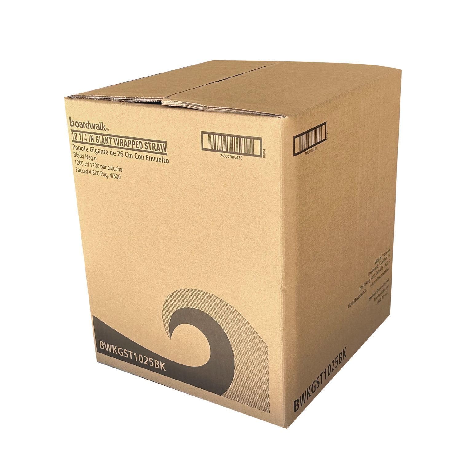 Boardwalk Individually Wrapped Giant Straws, 10.25", Polypropylene, Black, Case of 1,200