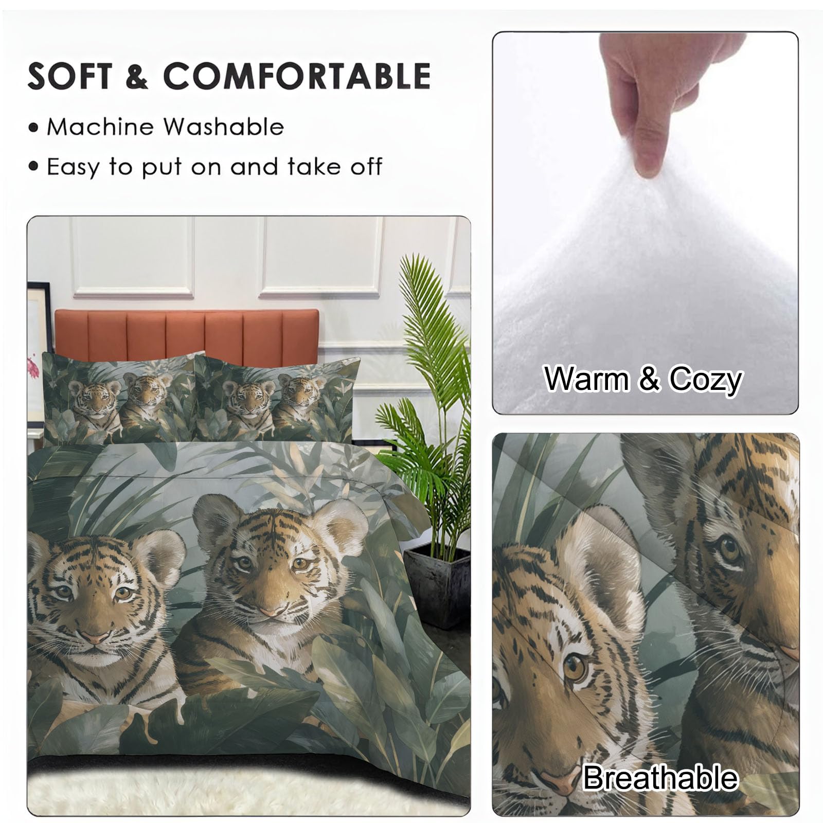 Trapunta Letto Singolo 4 Stagioni Piumone per Bambini, Semplicità Tigre Leggero Astratto Foglia Di Banana Set di Biancheria da Letto 140x200cm con 1 Federe,Piumino Lavabile In Lavatrice