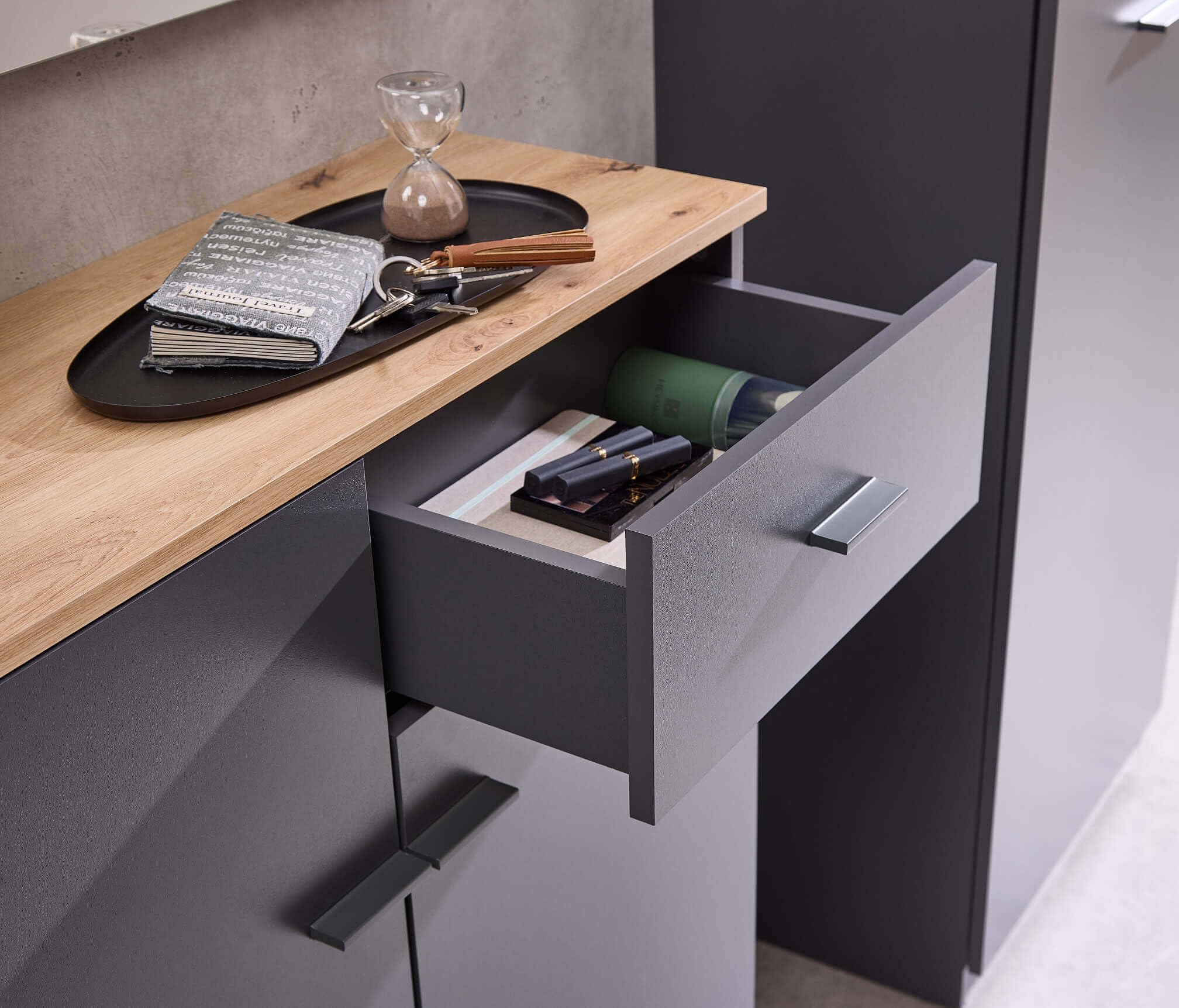 Garderoben-Set Como anthrazit/Artisan Eiche Nb. Flurgarderobe Wandgarderobe Paneel + Schuhschrank + Spiegel optional mit Hochschrank