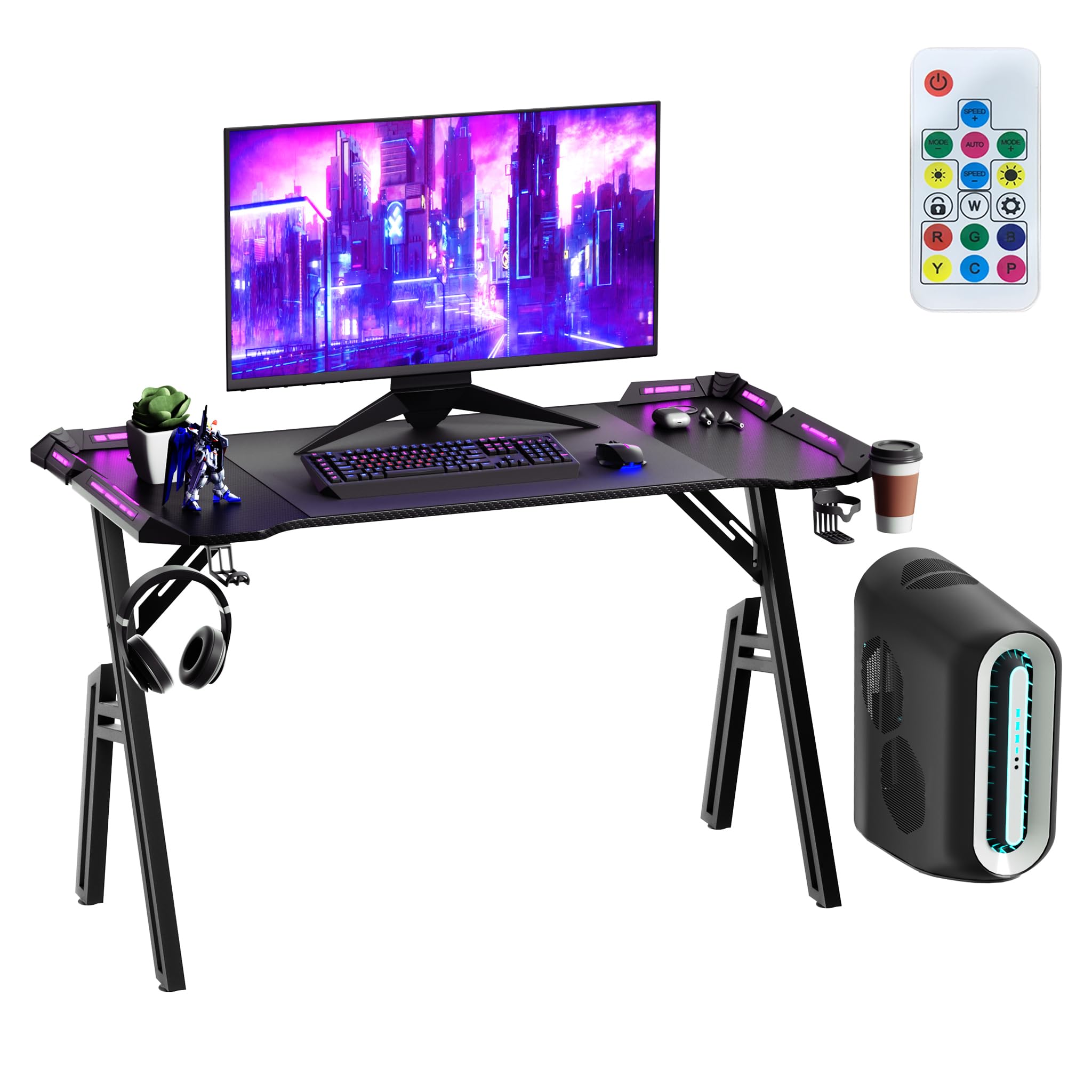 AufuN Escritorio para Videojuegos con LED Bureau Gaming Table Gaming, Mesa de Gaming, 120 x 60 cm, Estable para PC con Revestimiento de Fibra de Carbono, Mesa ergonómica para Gaming
