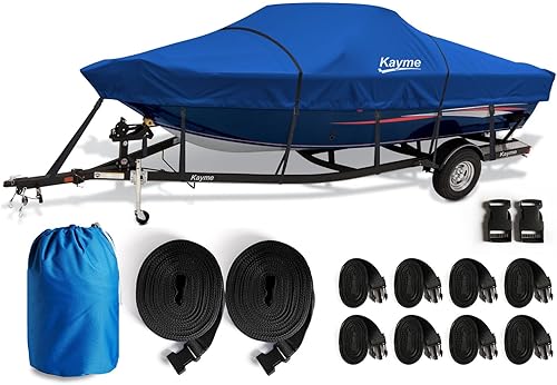 Kayme Cubierta de barco resistente 600D, lona impermeable y resistente al desgarro, lonas con correas resistentes al viento. Apto para casco en V,