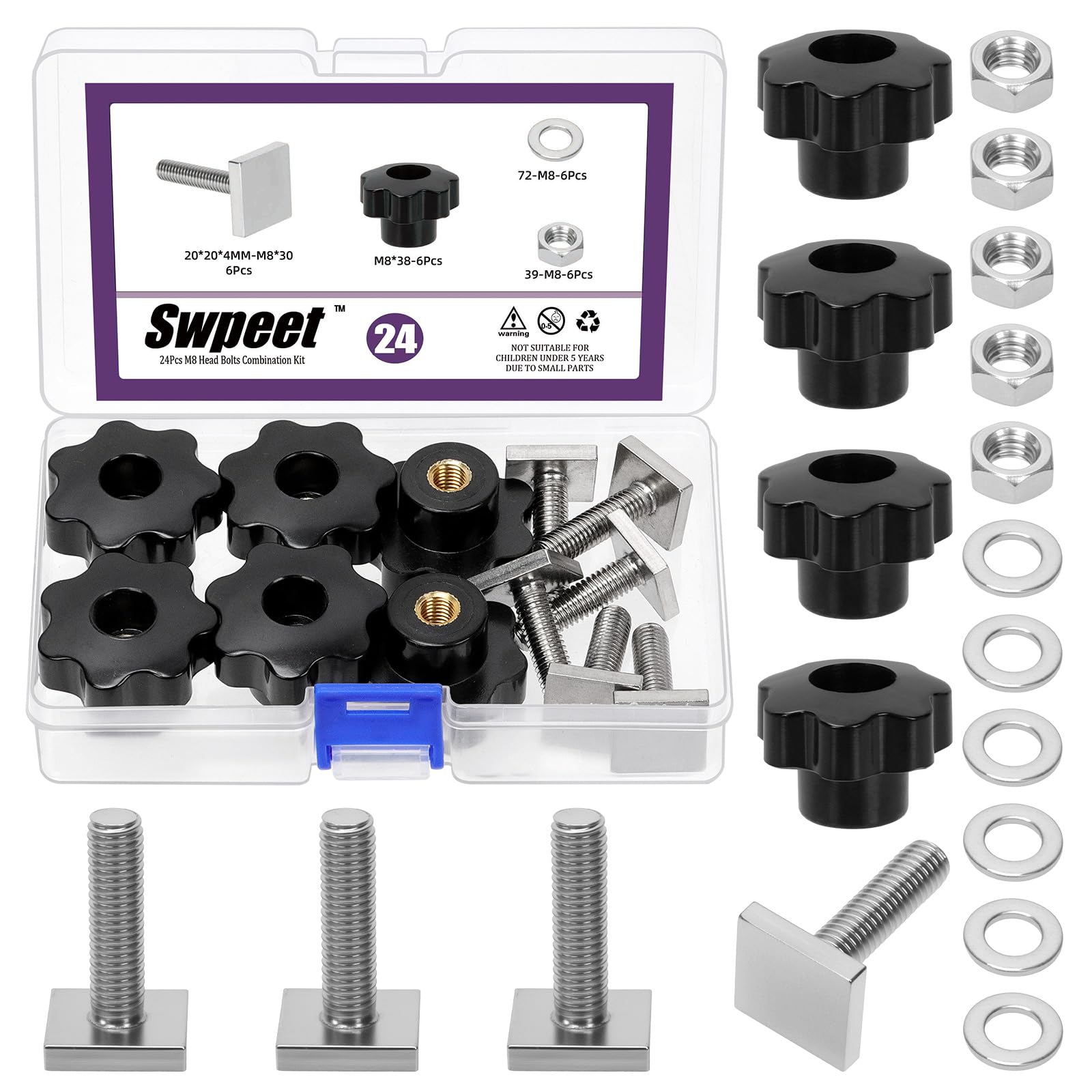 Swpeet 6 Sets 304 Stainless Steel M8 T Track Bolt Knob Kit, M8×30mm T Slot Bolts with Star Knobs Grip, Lock Nuts Washers, T Track Bolts Accessories for Woodworking Jigs and Fixtures