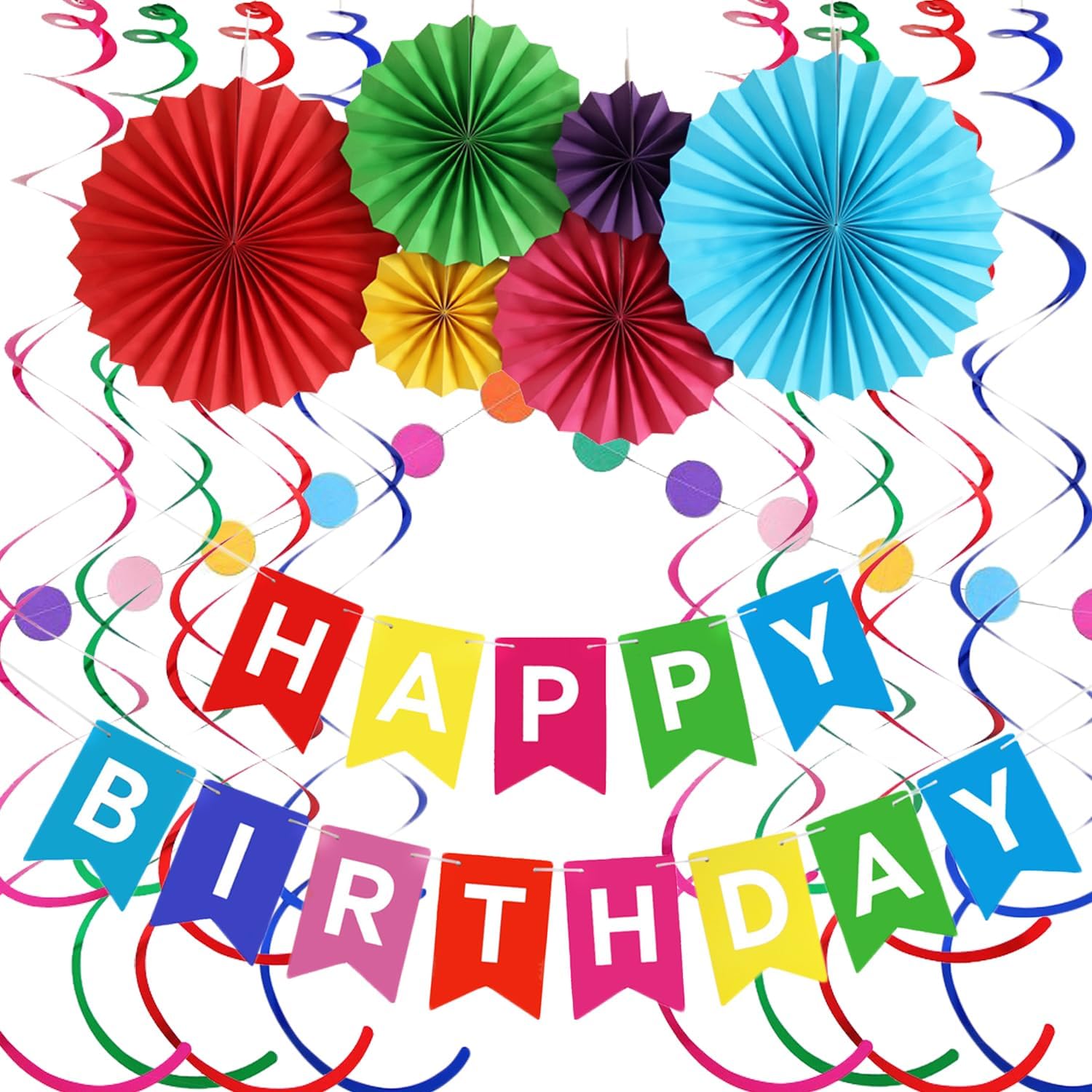 – Happy Birthday Banner Decorations Set, Colorful Paper Fans, Hanging Swirl Streamers, Circle Dot Decorations for Birthday Party, Baby Shower, Wall & Cake Table Decor (Multicolor)