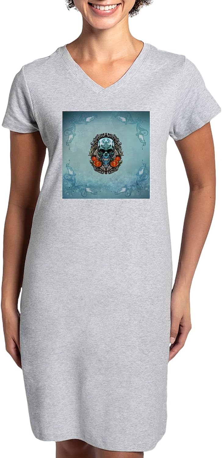 CafePress Awesome Blue Green Skull T Shirt Women's Nightshirt, Soft Long Pajama Shirt, Cotton PJs/Pyjamas