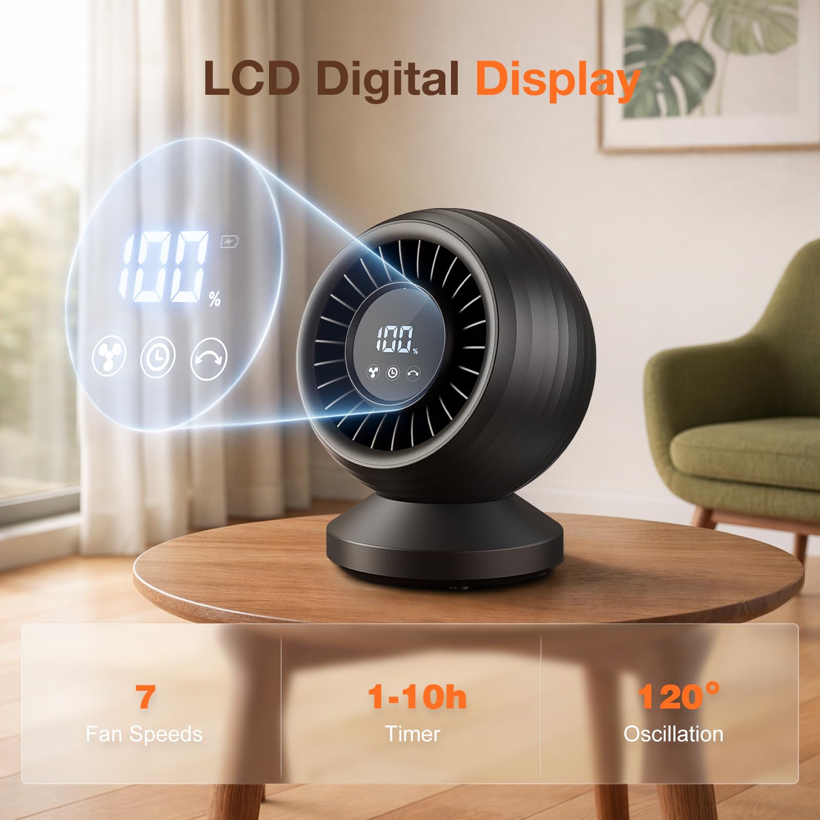 Ventilateur de Table Silencieux 22 dB, Circulateur d’Air 3D Turbo, Oscillation 120°, 7 Vitesses, Batterie 12000 mAh, Écran Tactile LED, Ventilateur de Bureau pour Chambre, Salon et Bureau – Noir